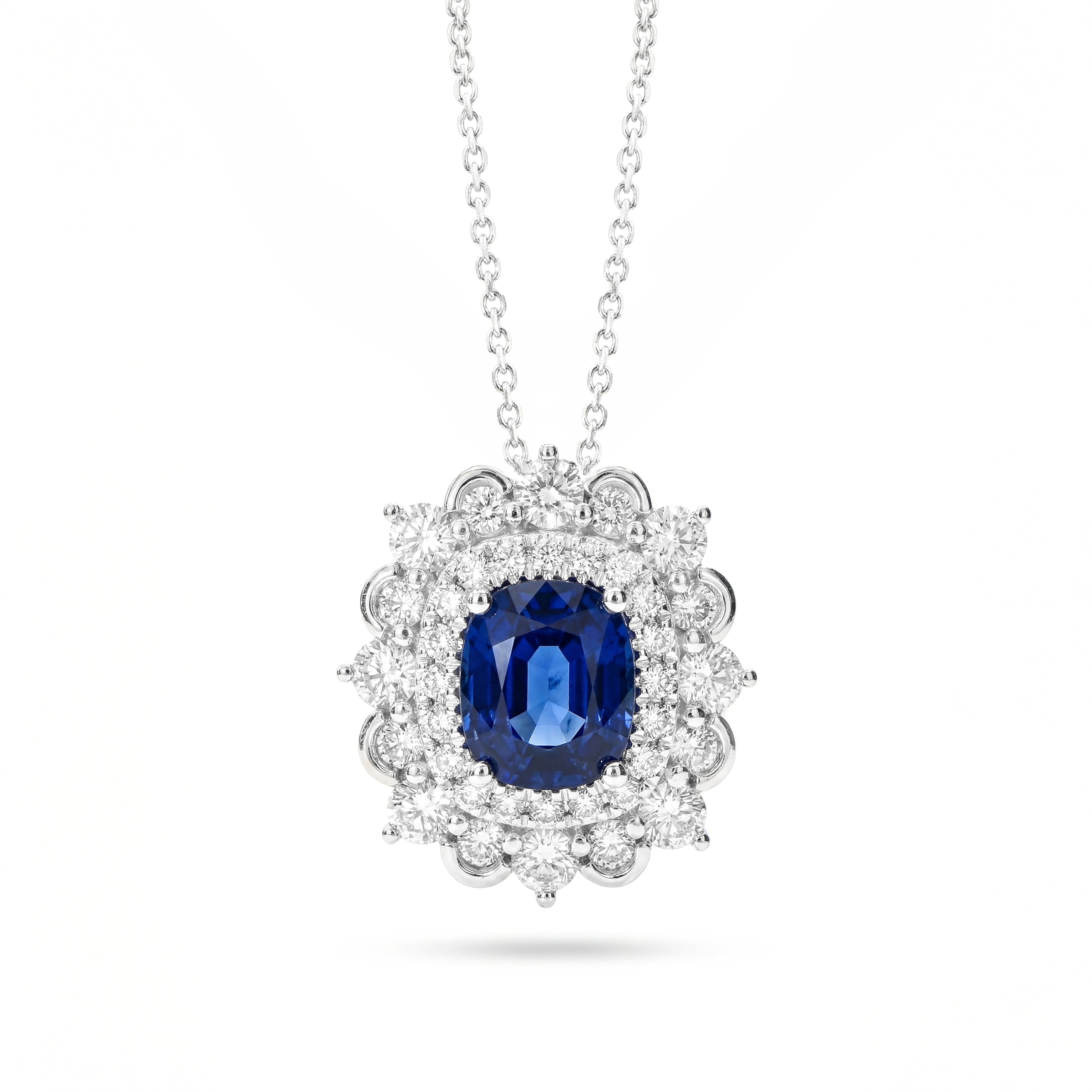 Natural Cushion Sapphire & Diamond Halo Pendant
