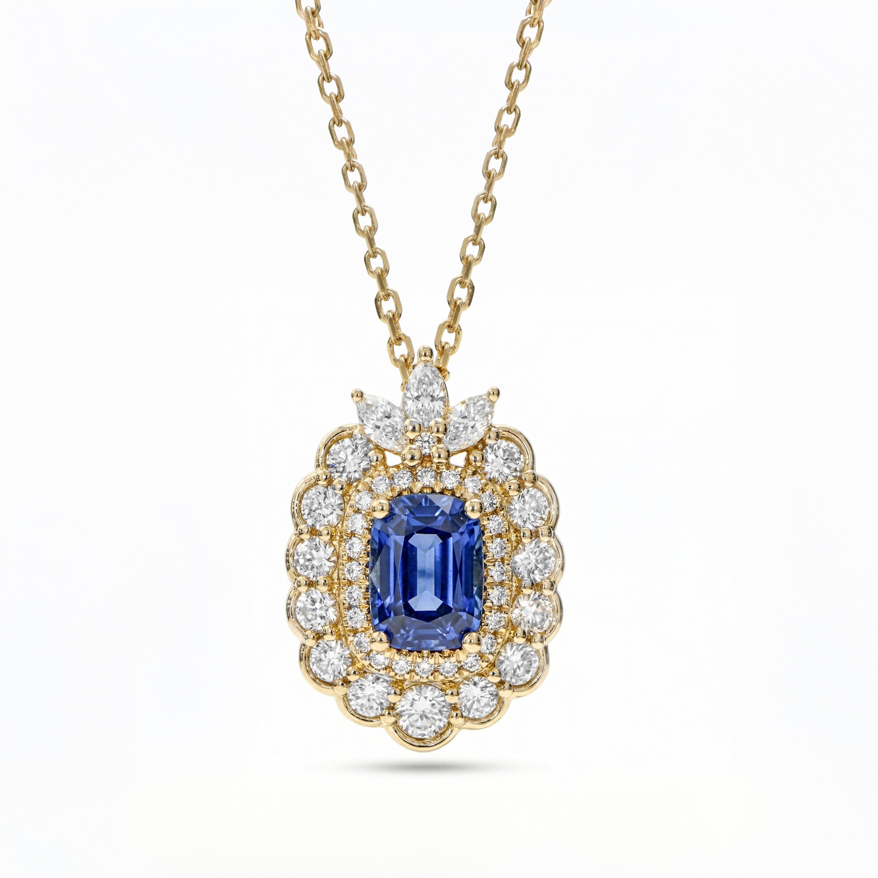 Natural Cushion Sapphire & Diamond Halo Pendant