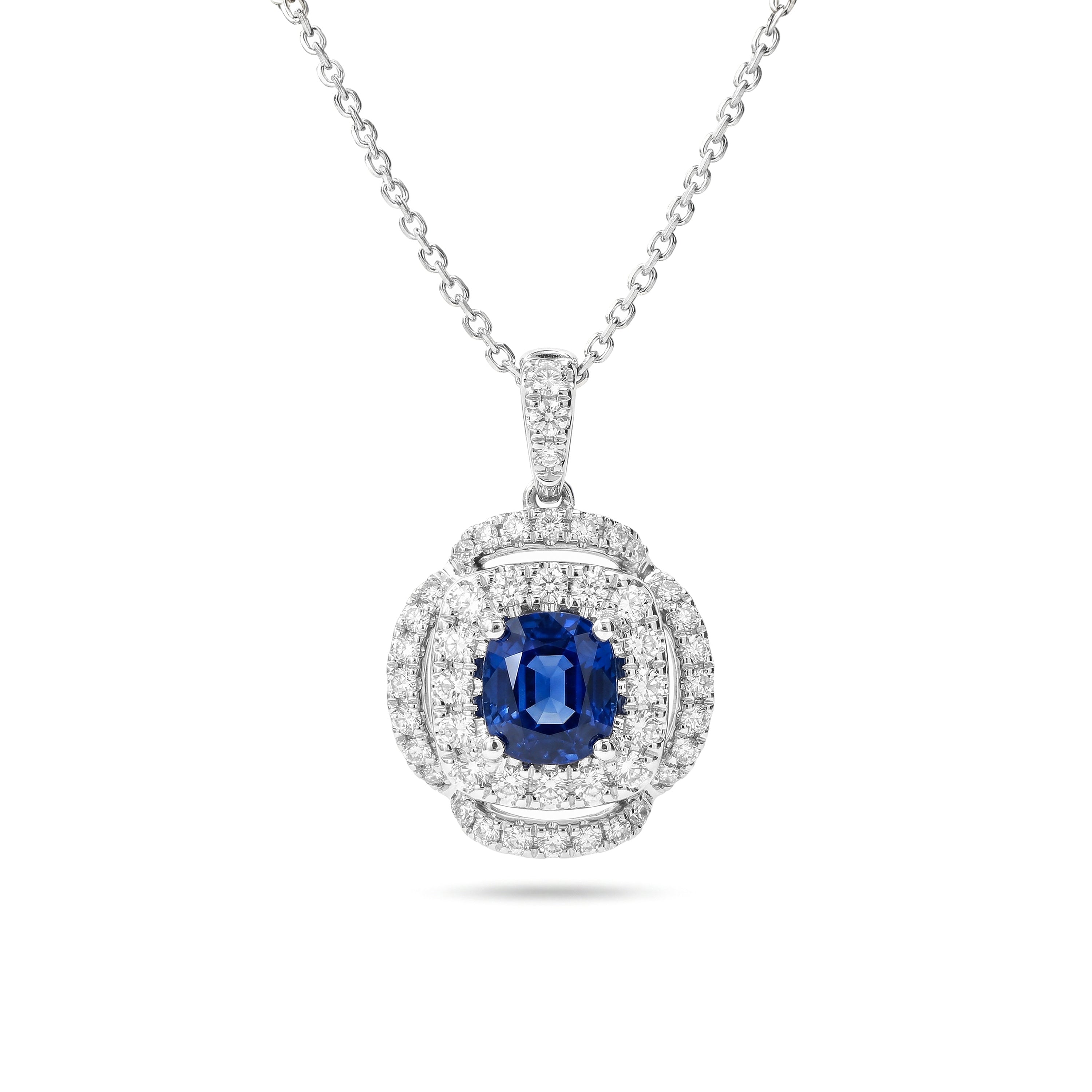Natural Cushion Sapphire & Diamond Halo Pendant