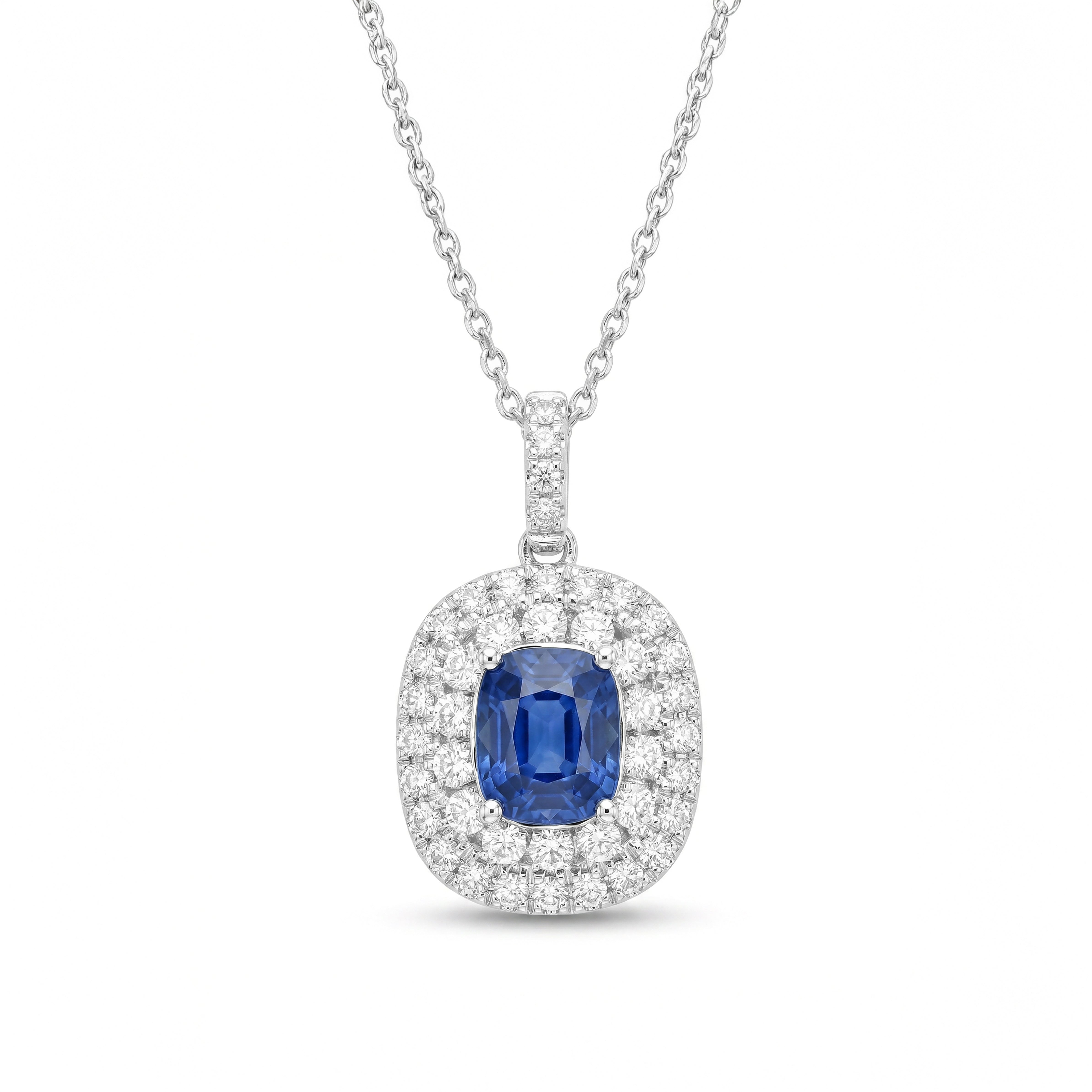 Natural Cushion Sapphire & Diamond Halo Pendant