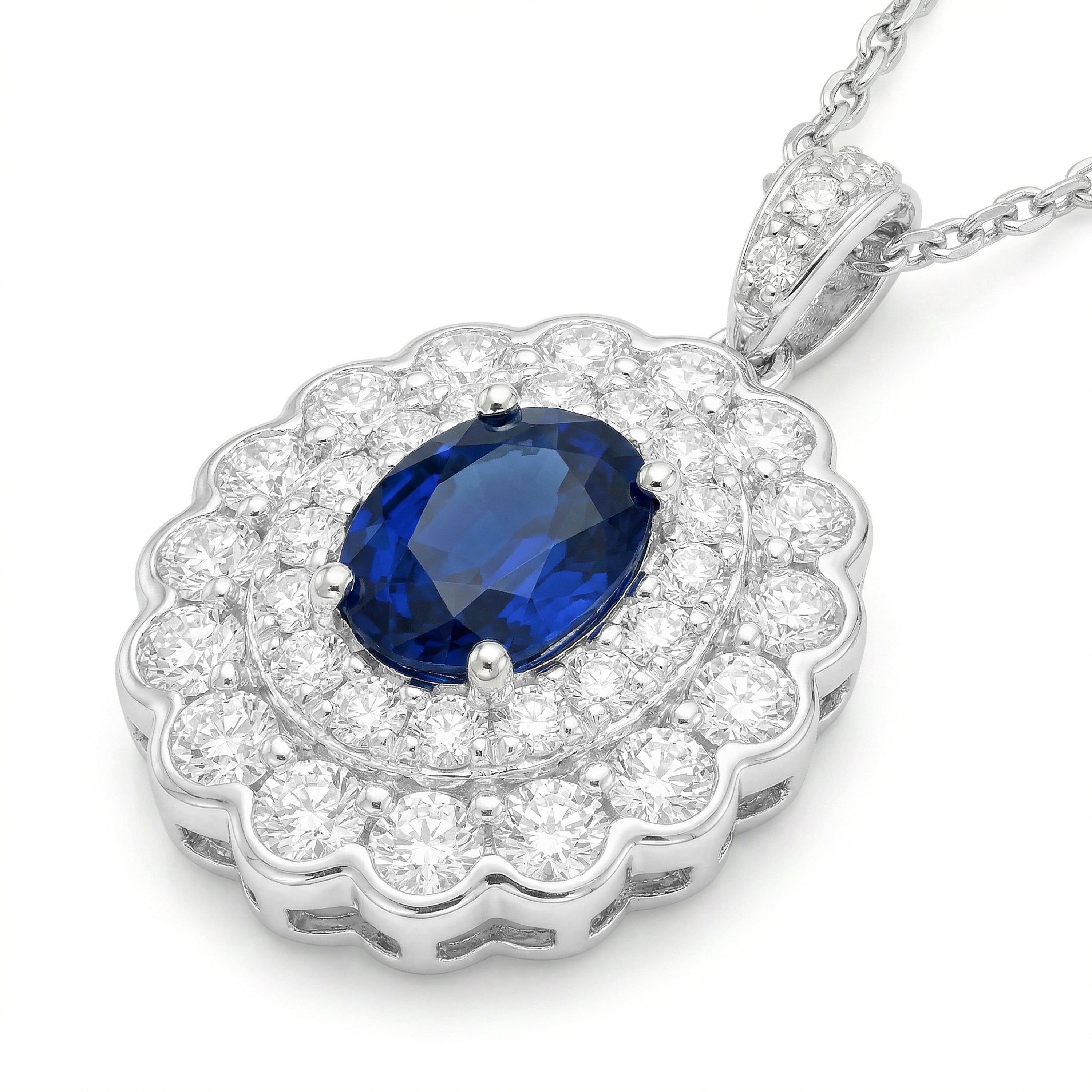 Natural Oval Sapphire & Diamond Double Halo Pendant