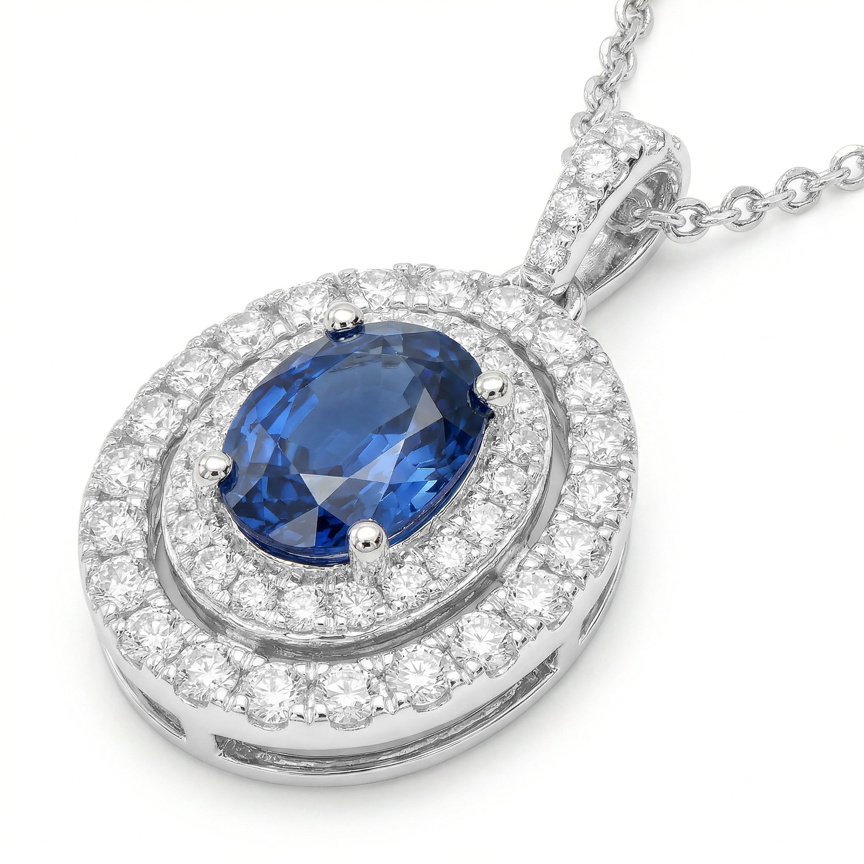 Natural Oval Sapphire & Diamond Halo Pendant