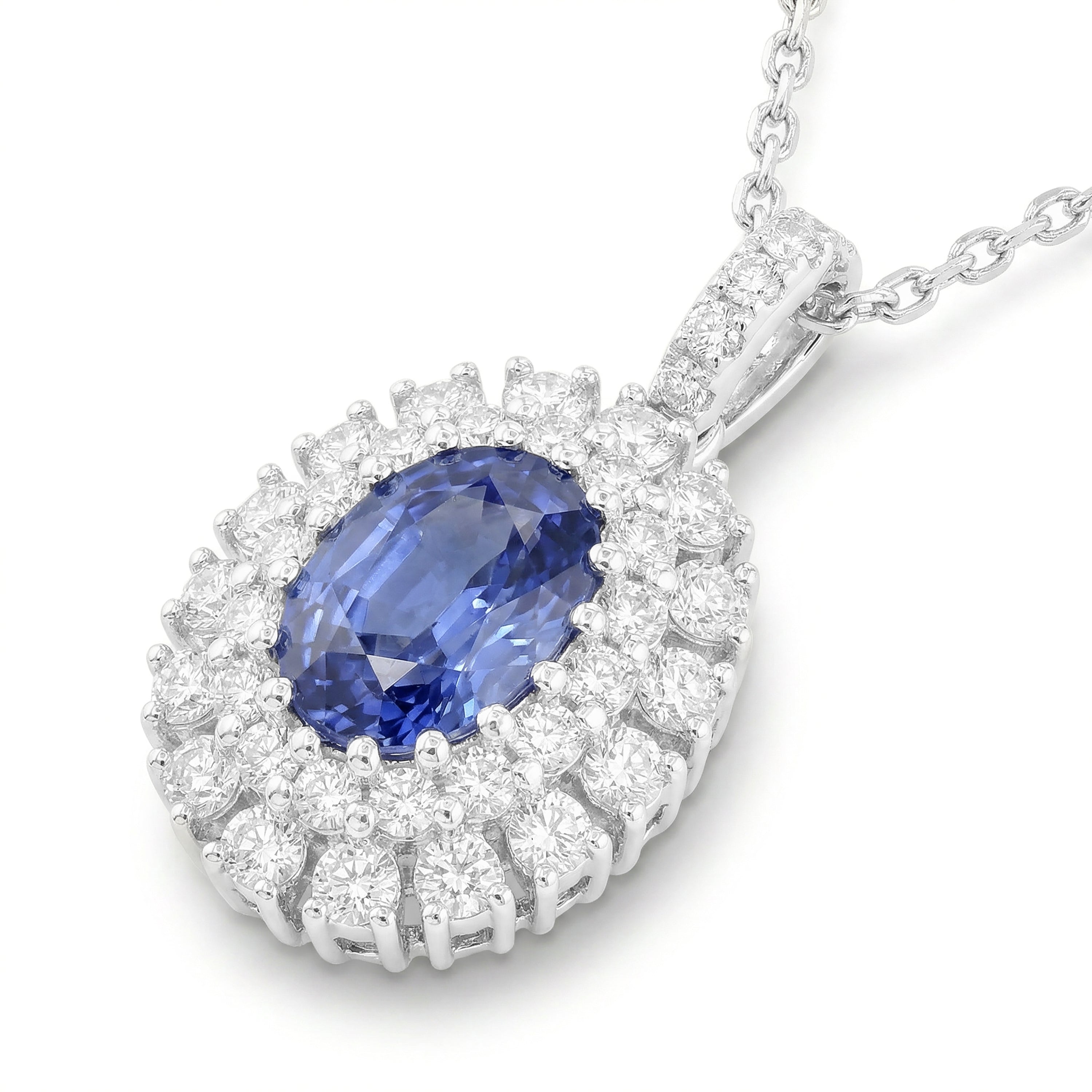 Natural Oval Sapphire & Diamond Halo Pendant