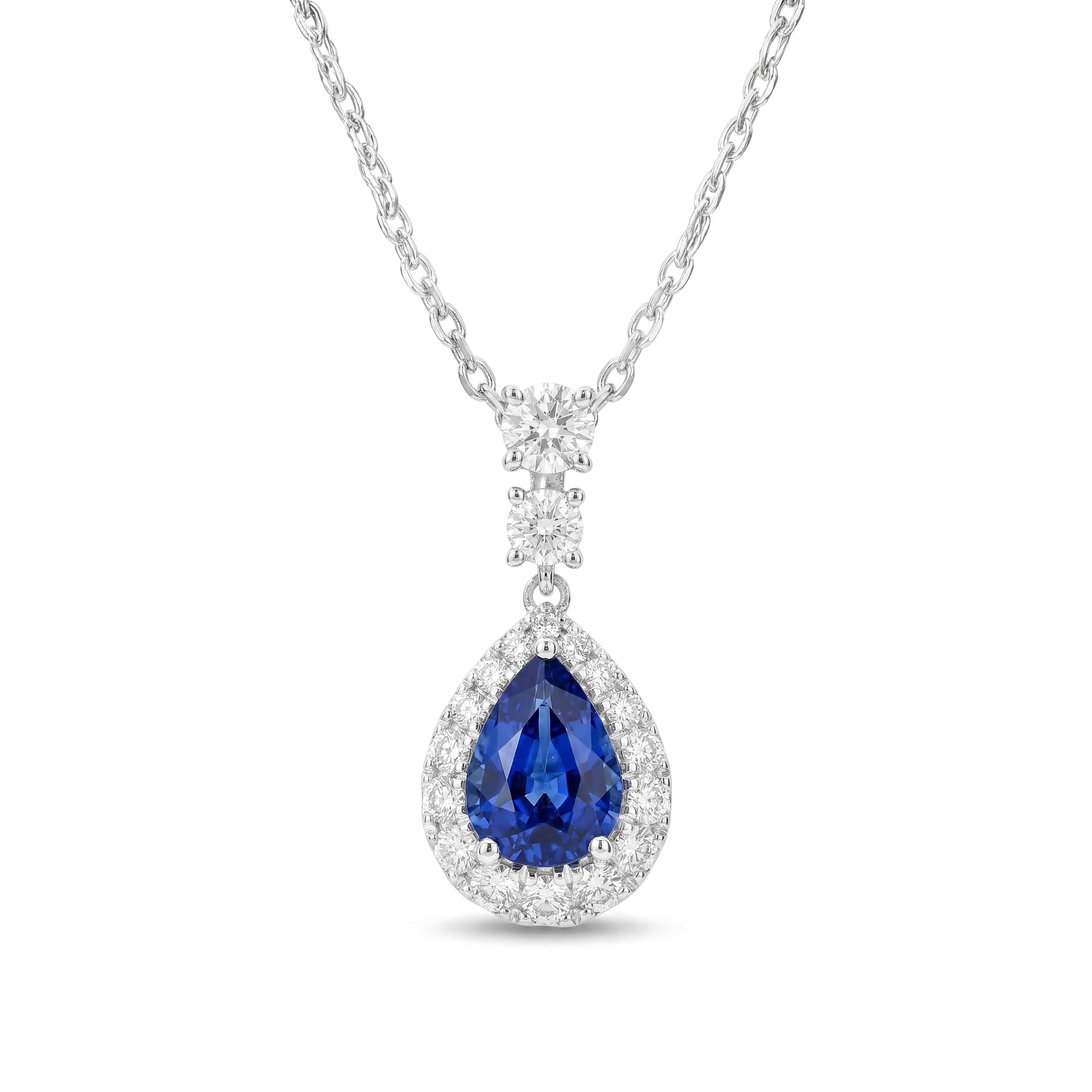 Natural Pear Sapphire & Diamond Halo Drop Pendant