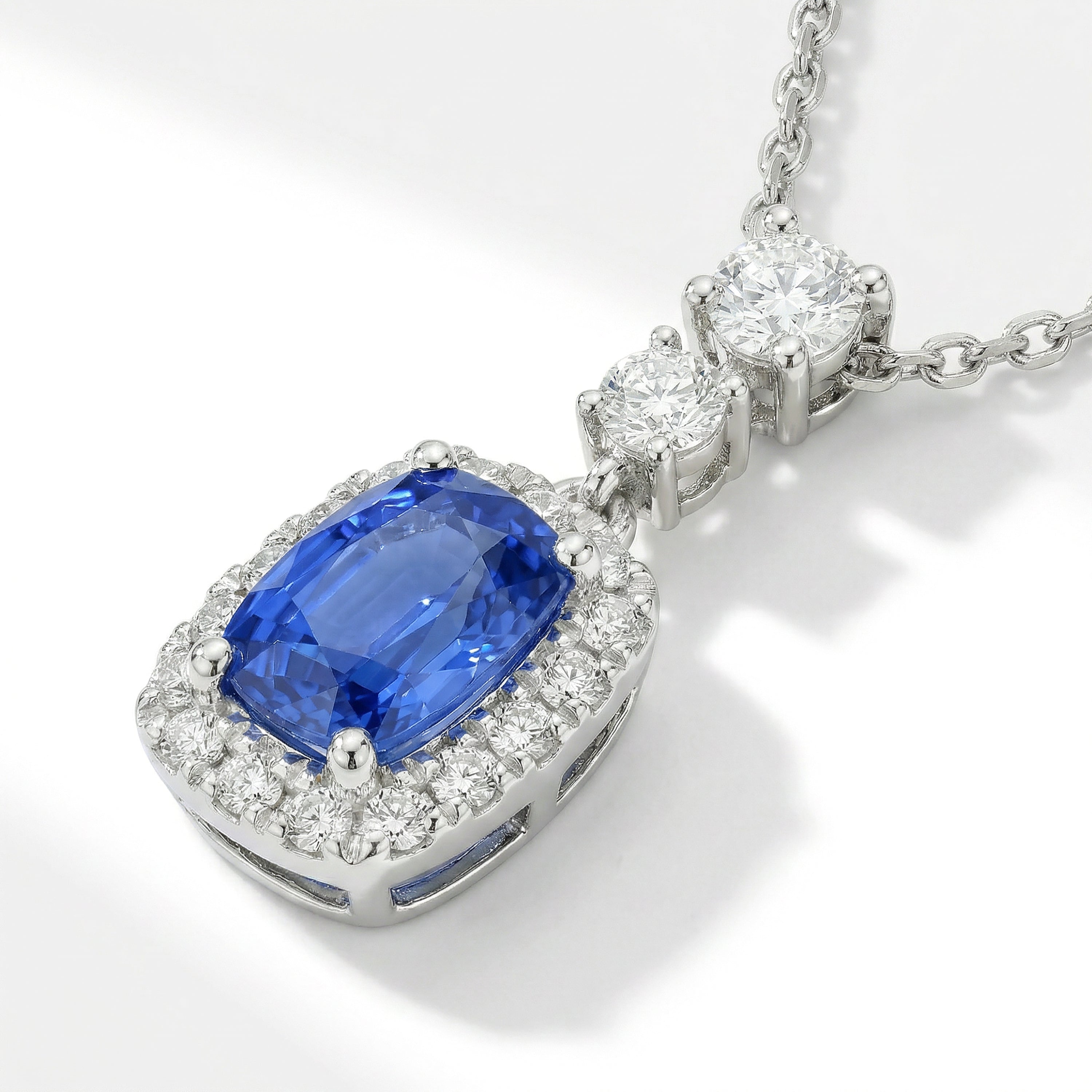 Natural Blue Cushion Sapphire & Diamond Halo Pendant