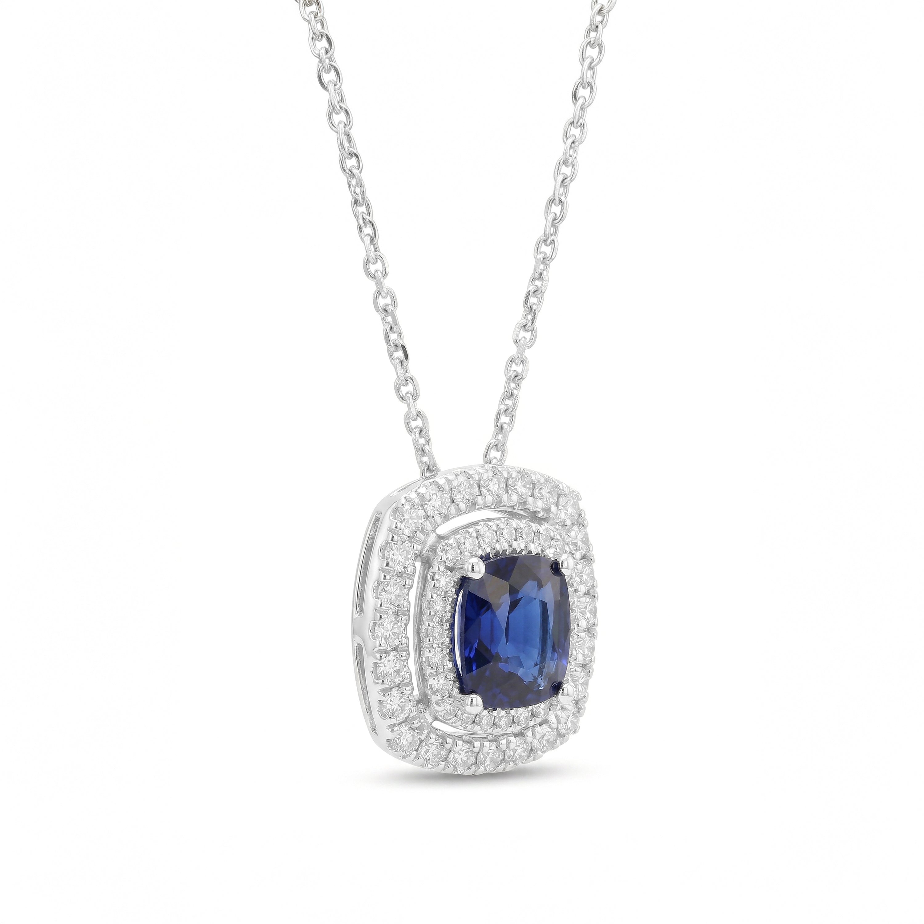 Natural Cushion Sapphire & Diamond Halo Pendant