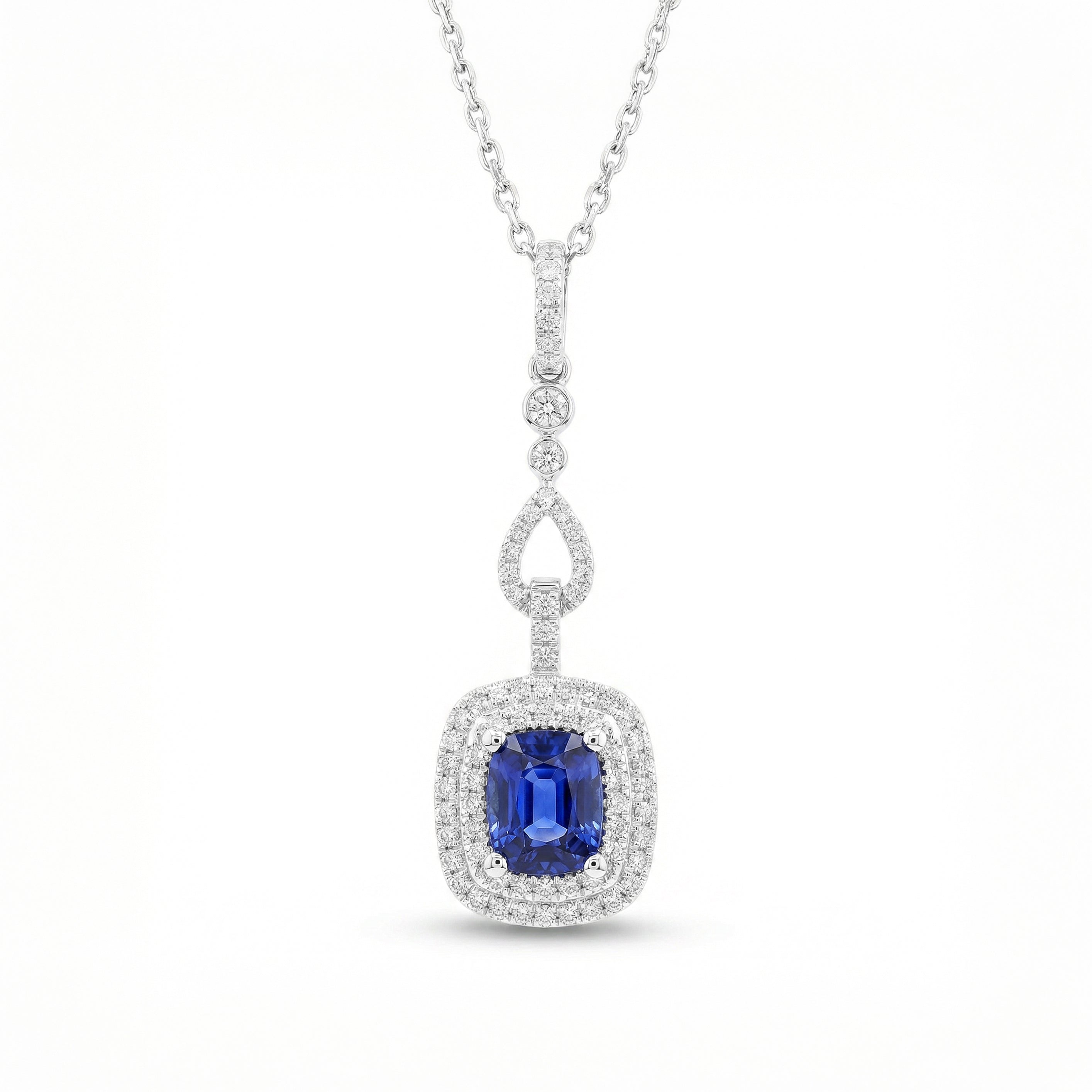 Natural Cushion Sapphire & Diamond Halo Drop Pendant