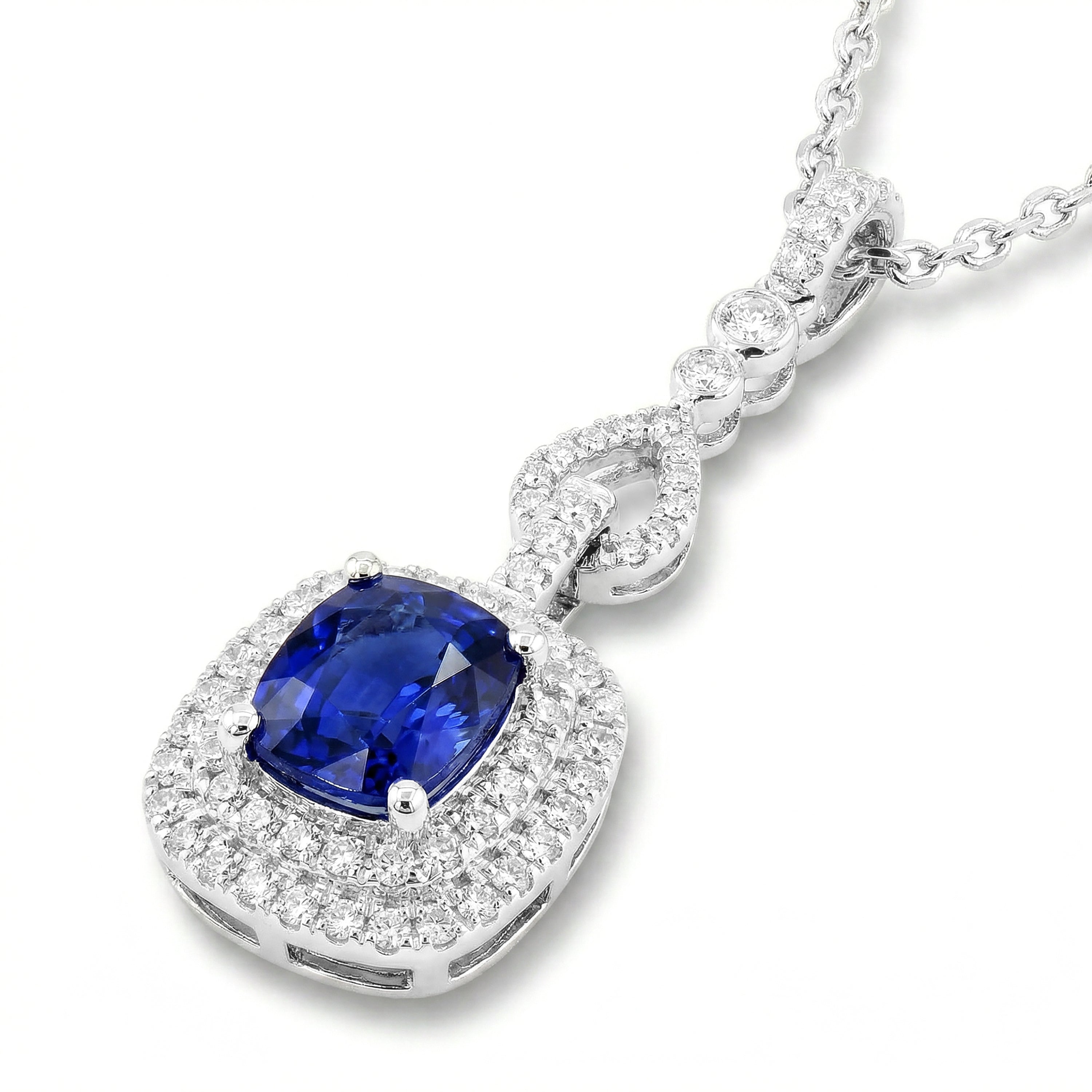 Natural Cushion Sapphire & Diamond Halo Drop Pendant