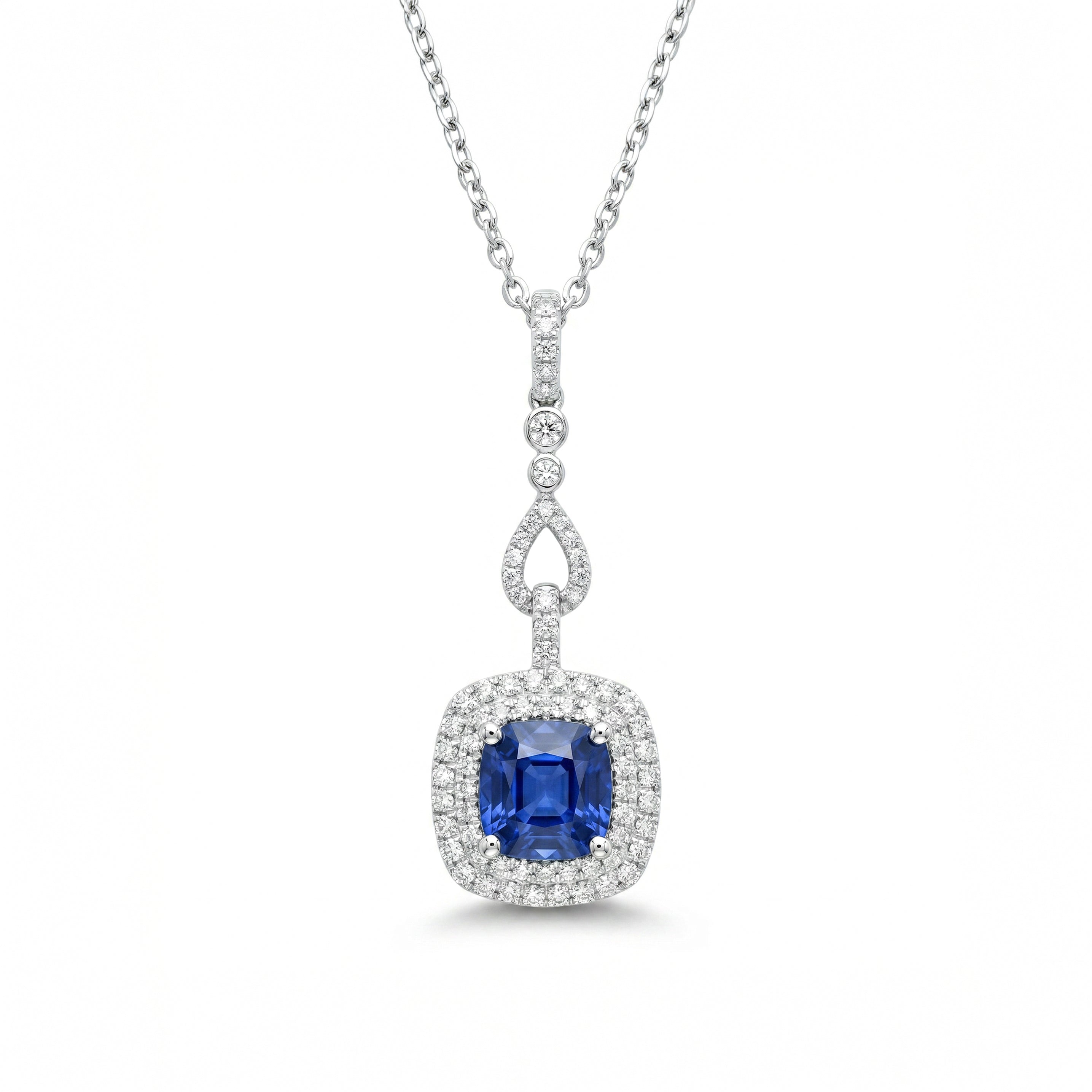 Natural Cushion Sapphire & Diamond Halo Drop Pendant