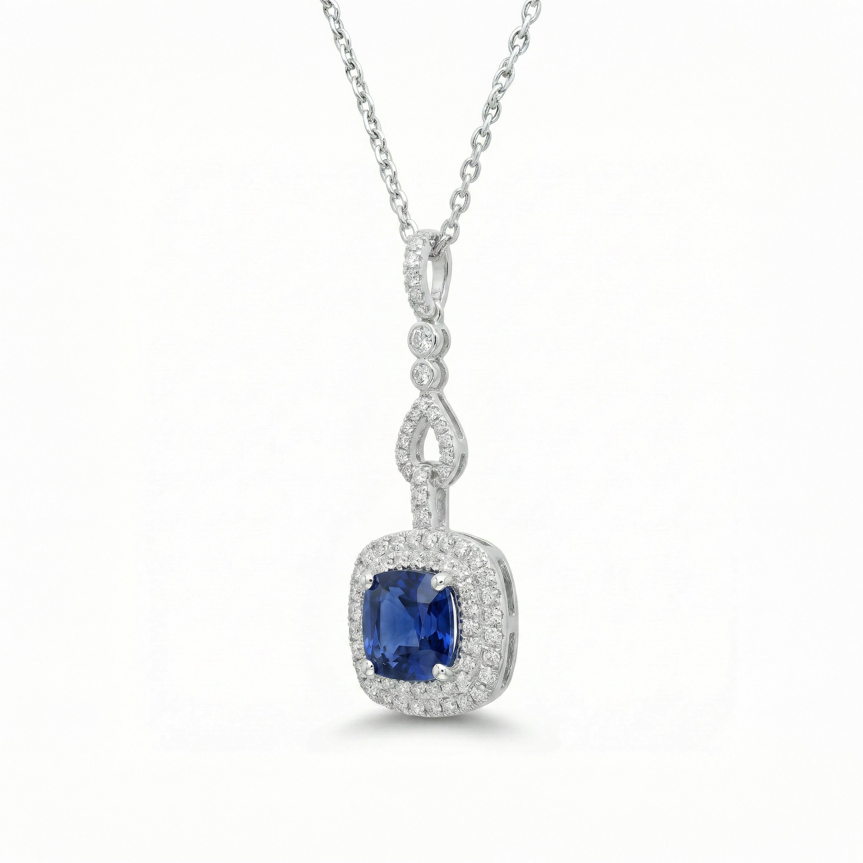 Natural Cushion Sapphire & Diamond Halo Drop Pendant