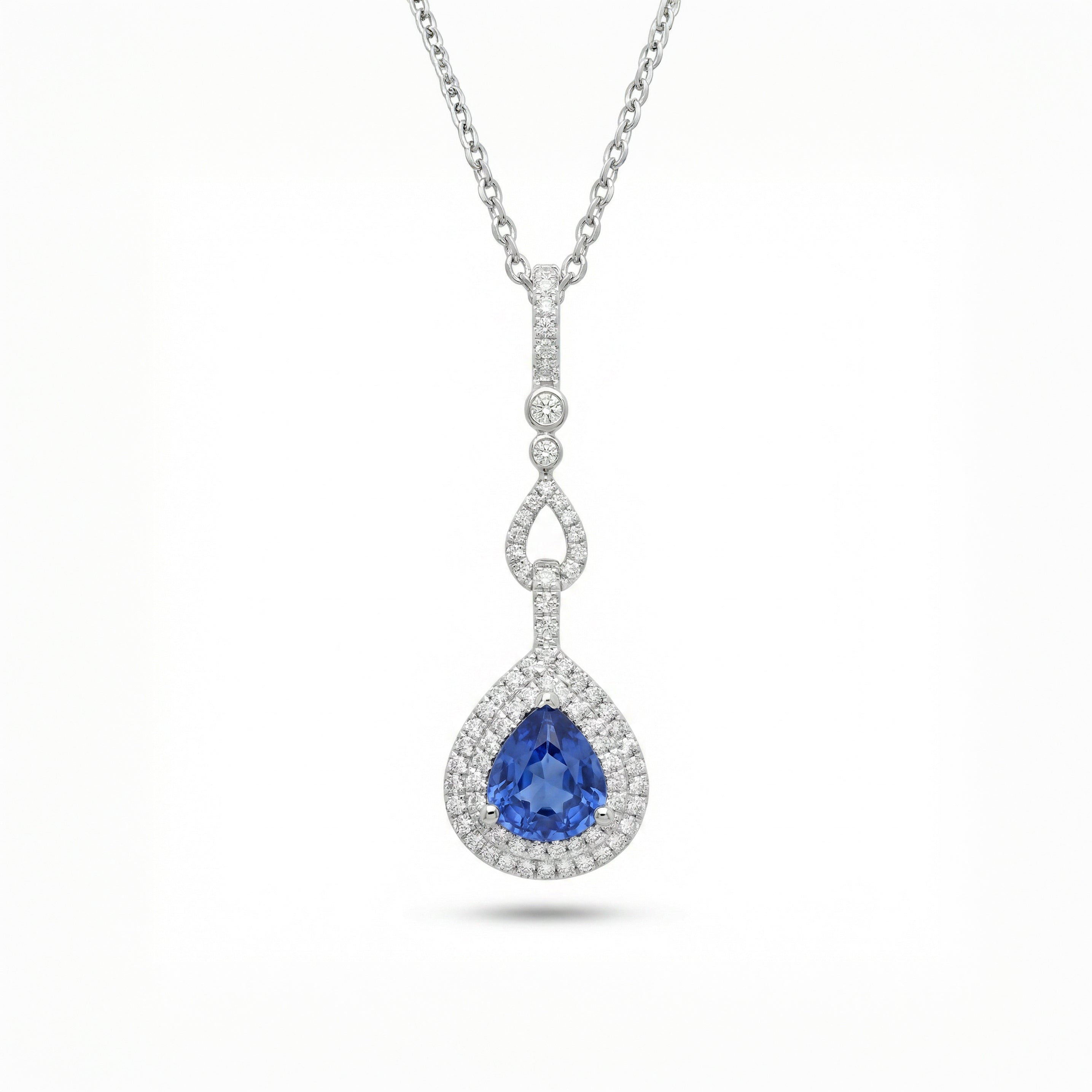 Natural Pear Sapphire & Diamond Halo Drop Pendant