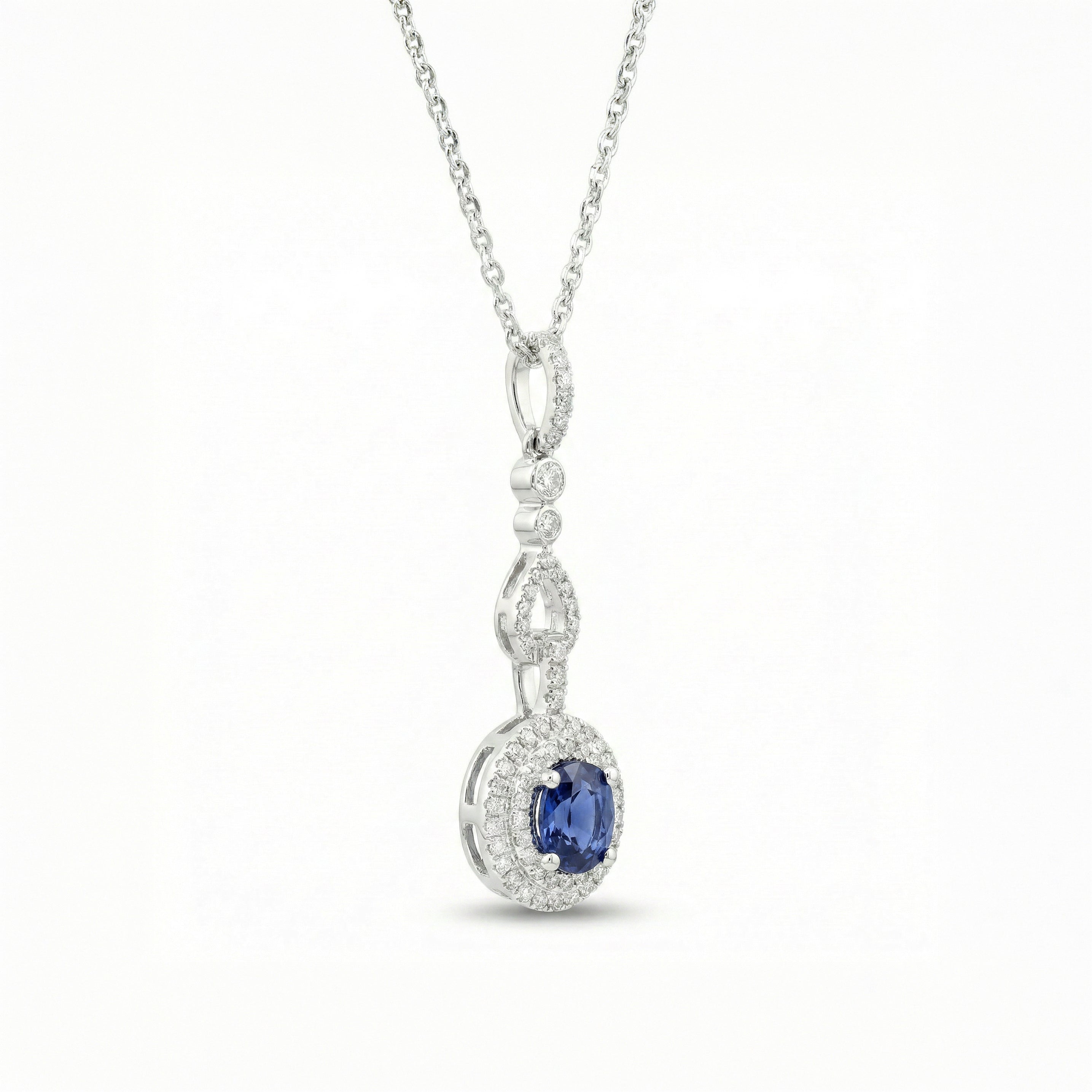 Natural Oval Sapphire & Diamond Halo Drop Pendant