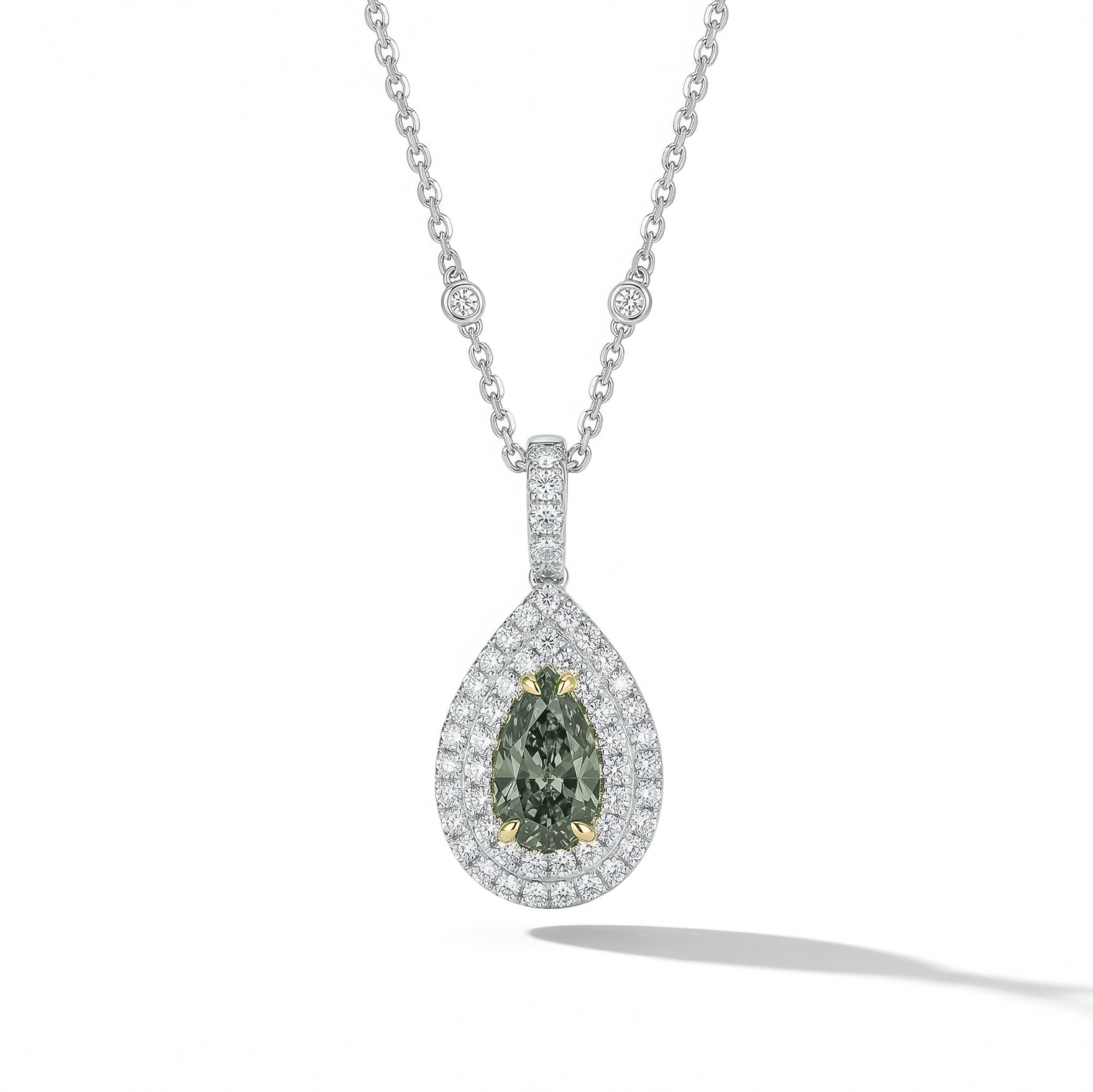 Natural Green Pear Diamond Halo Pendant | GIA Certified