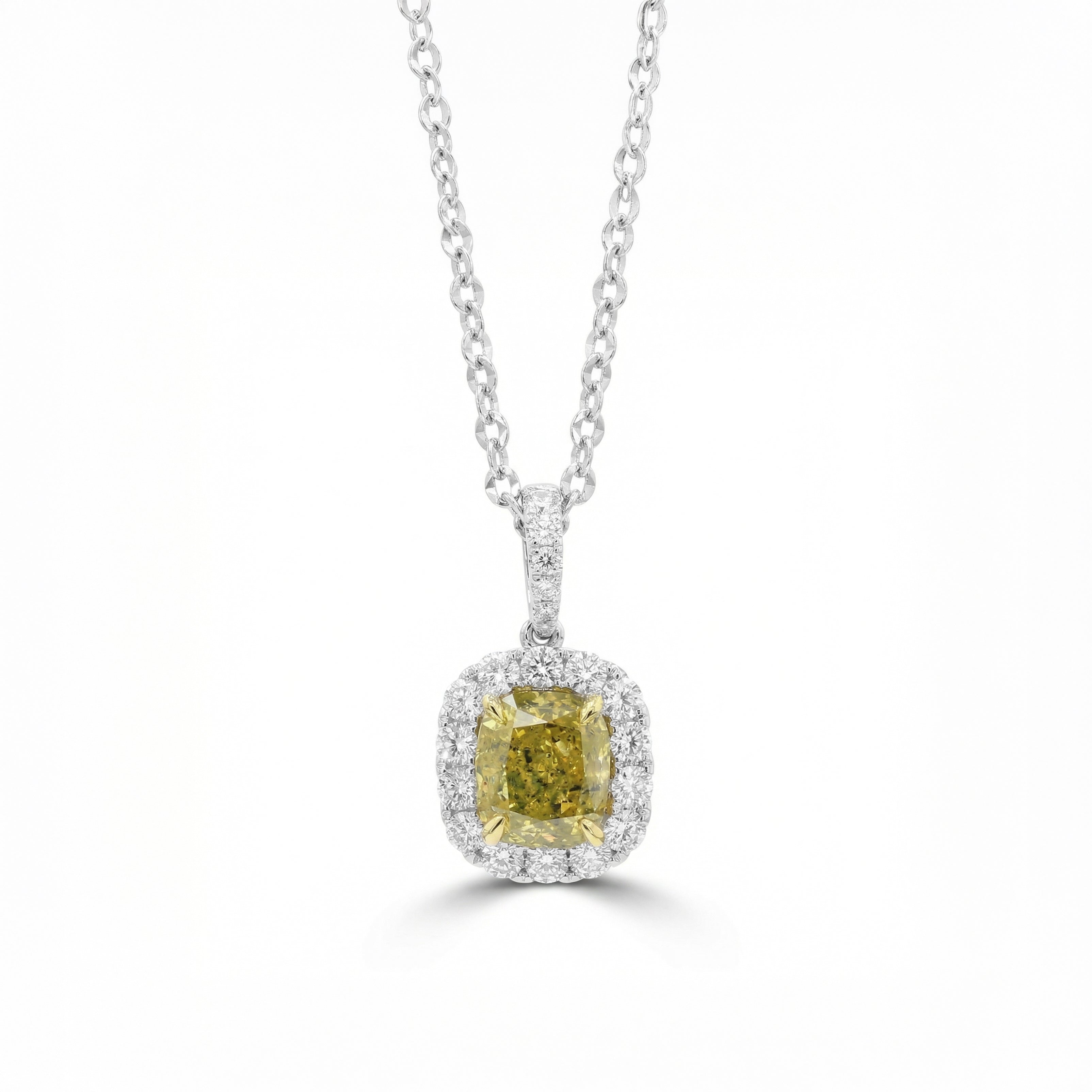 Natural Green Cushion Diamond Halo Pendant | GIA Certified