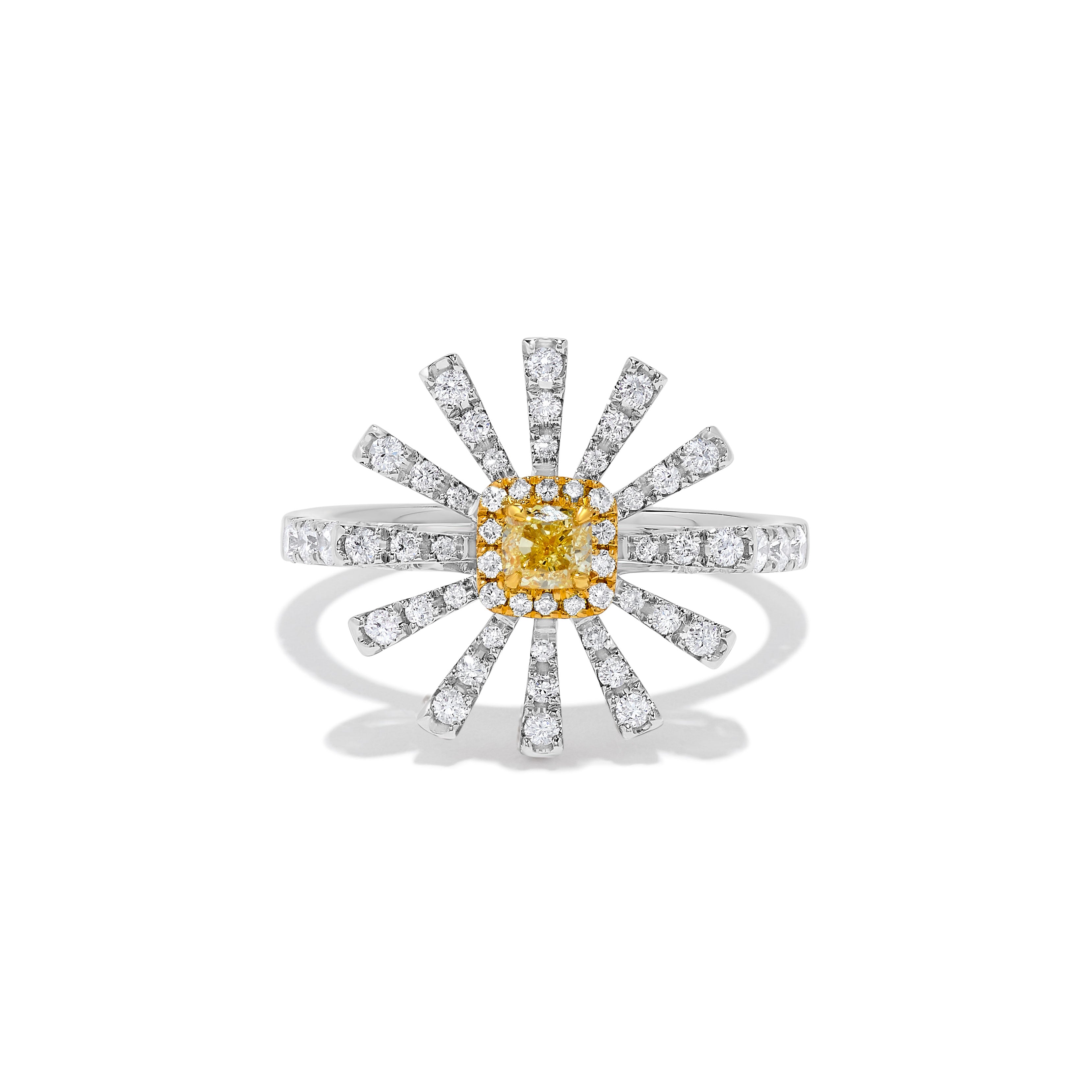 Yellow Cushion Cut & White Diamond Flower Ring JR01172H