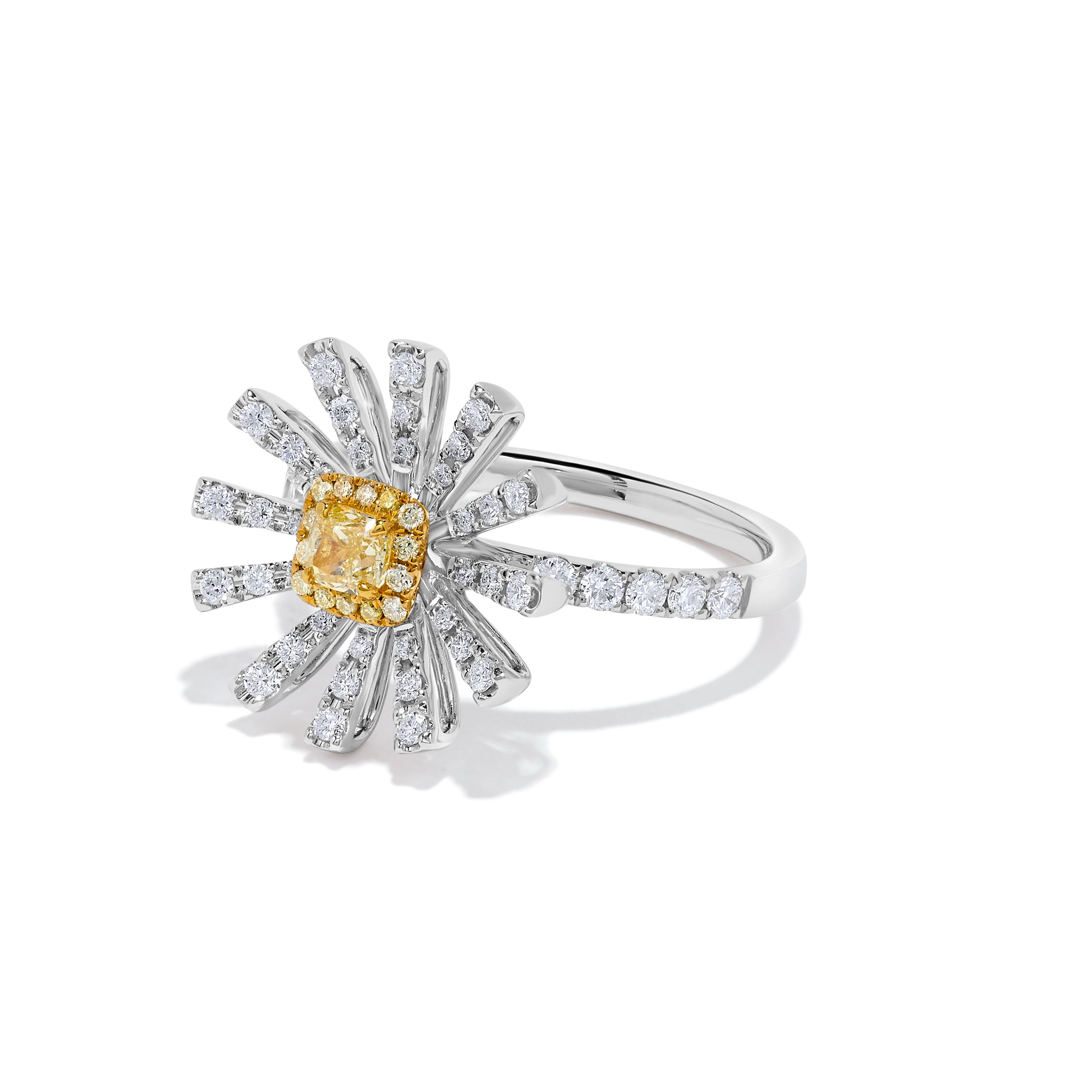 Yellow Cushion Cut & White Diamond Flower Ring JR01172H
