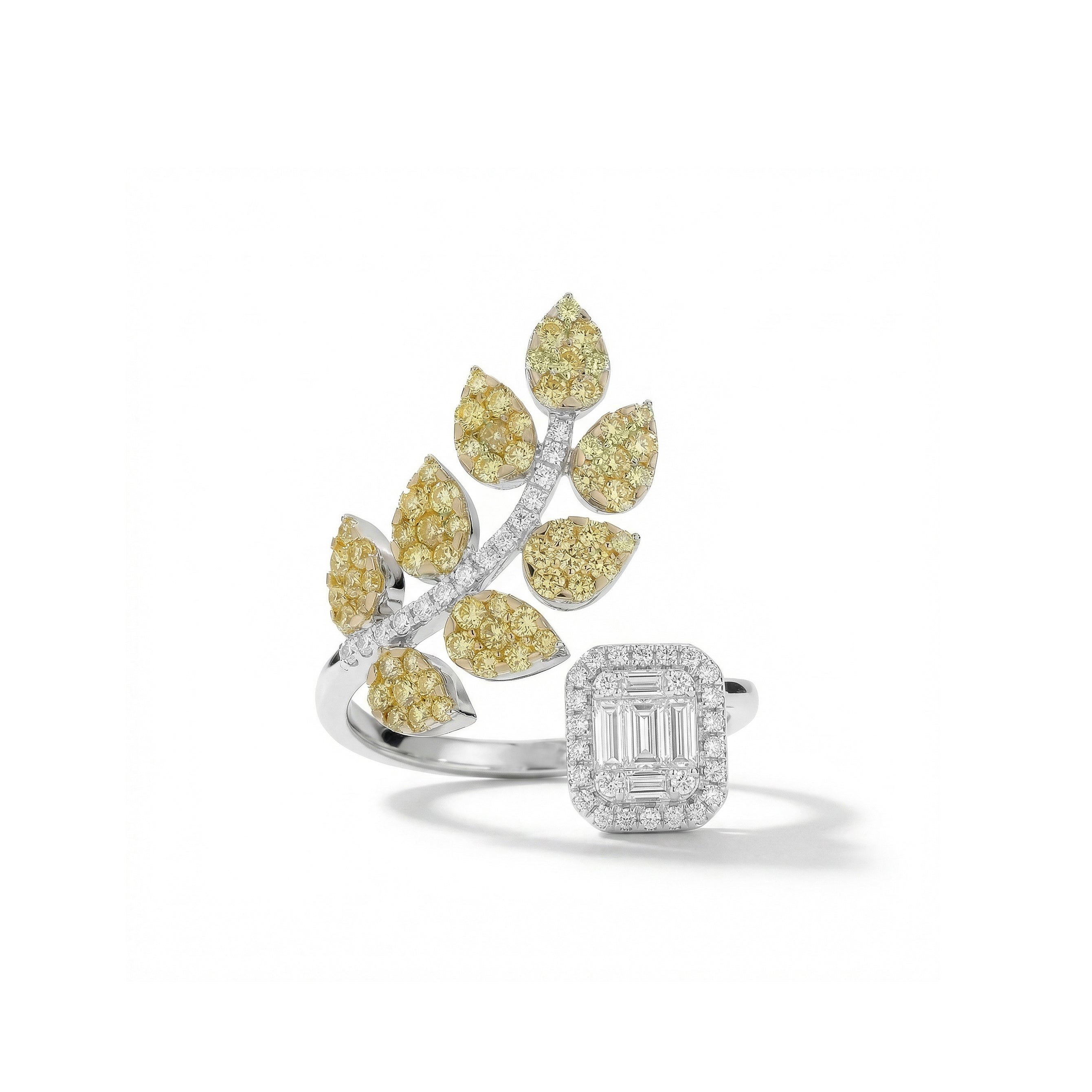 Natural Yellow Diamond & Baguette Leaf Ring