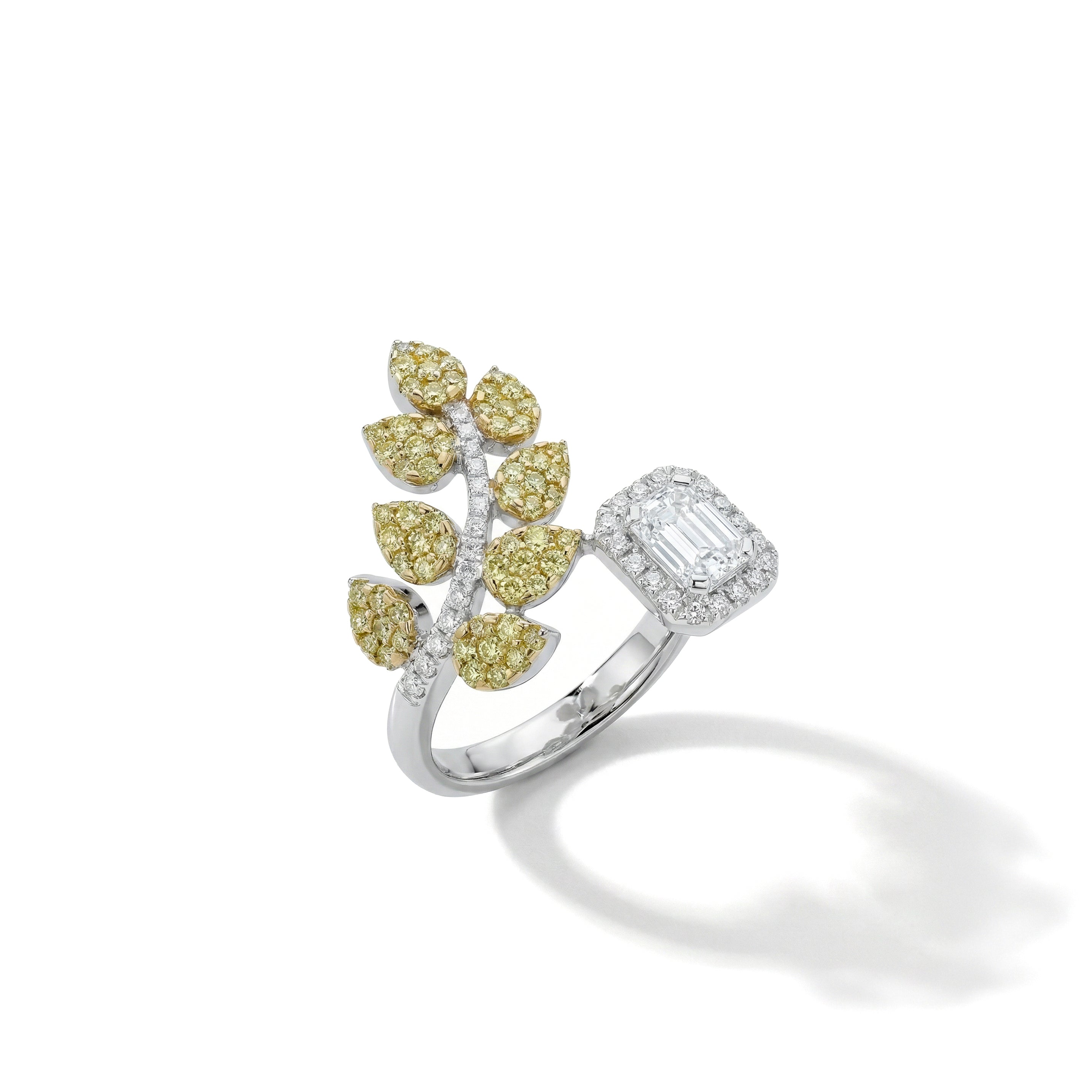Natural Yellow Diamond & Baguette Leaf Ring