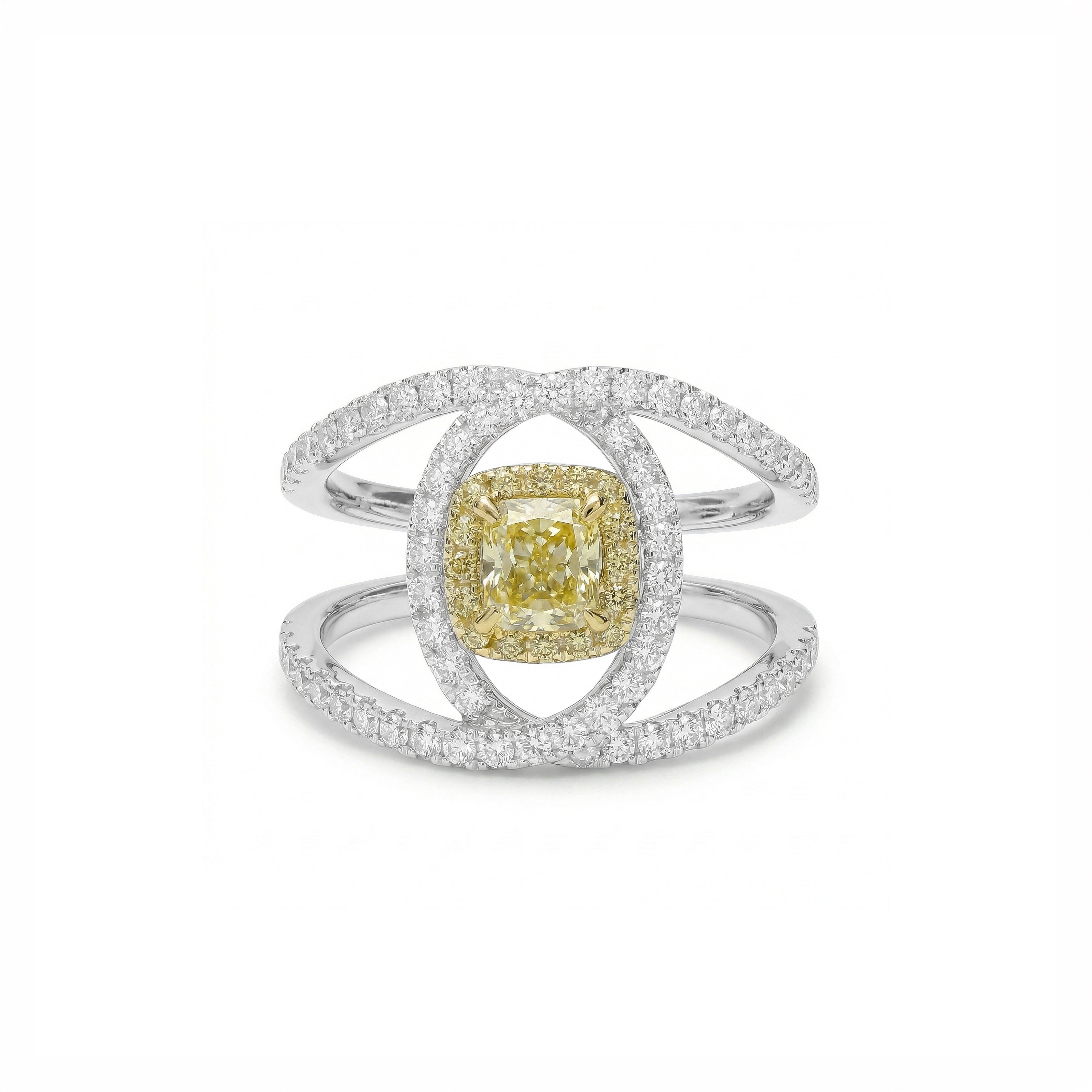 Natural Yellow Cushion Diamond Interlocking Halo Ring
