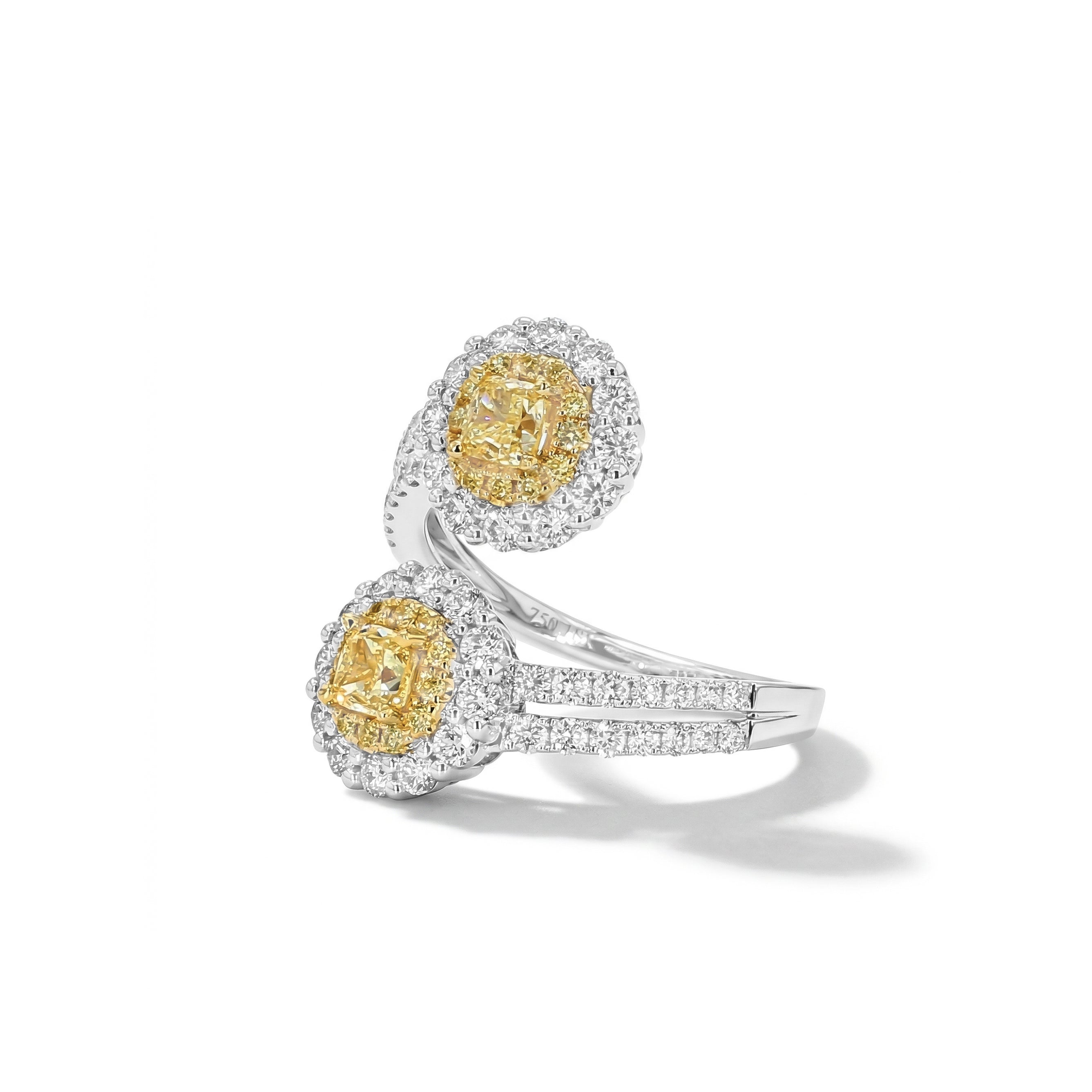 Natural Yellow Cushion Diamond Crossover Floral Ring