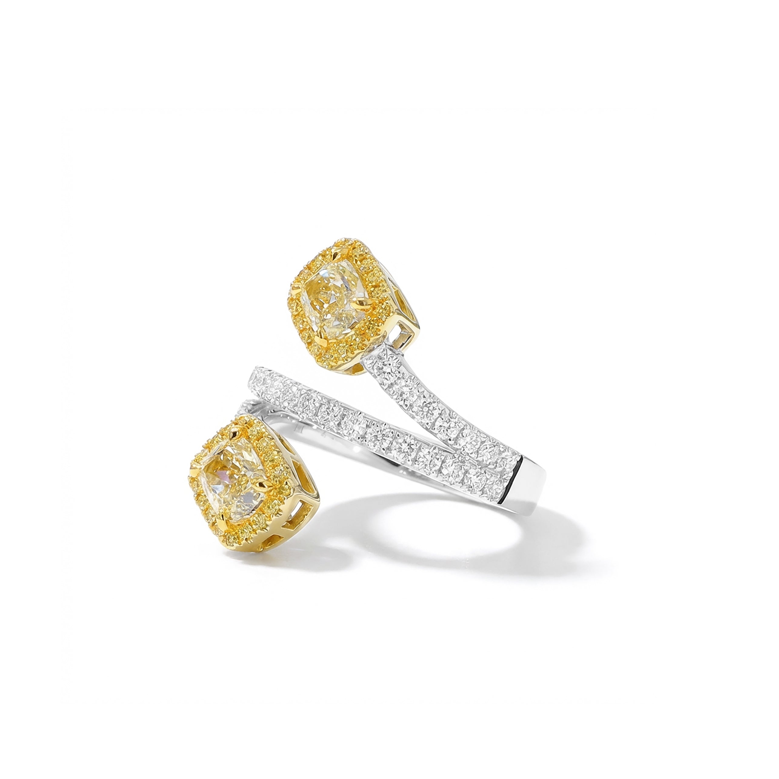 Natural Yellow Cushion Diamond Crossover Ring | GIA Certified