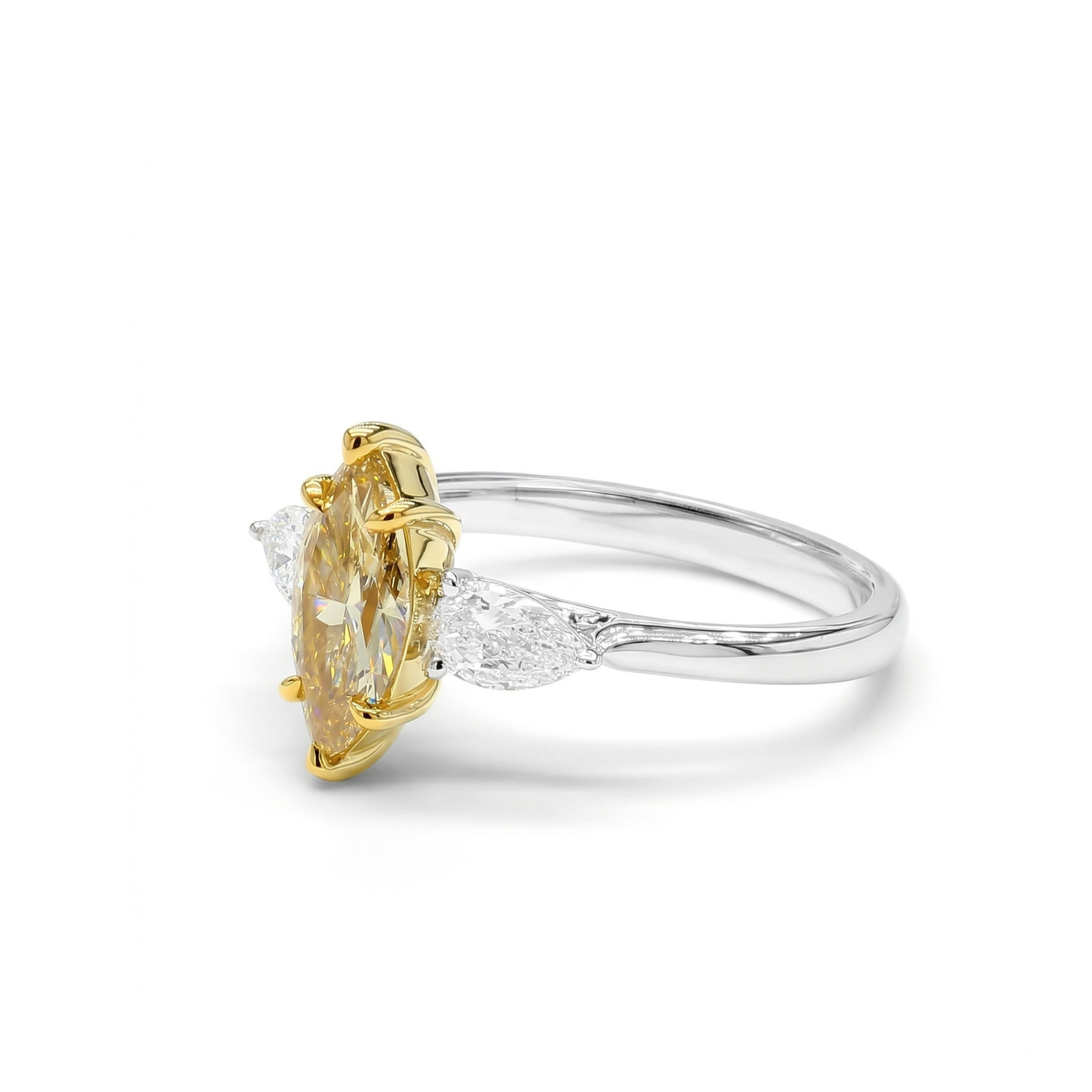 Natural Yellow Marquise Diamond Three Stone Ring | GIA Certified
