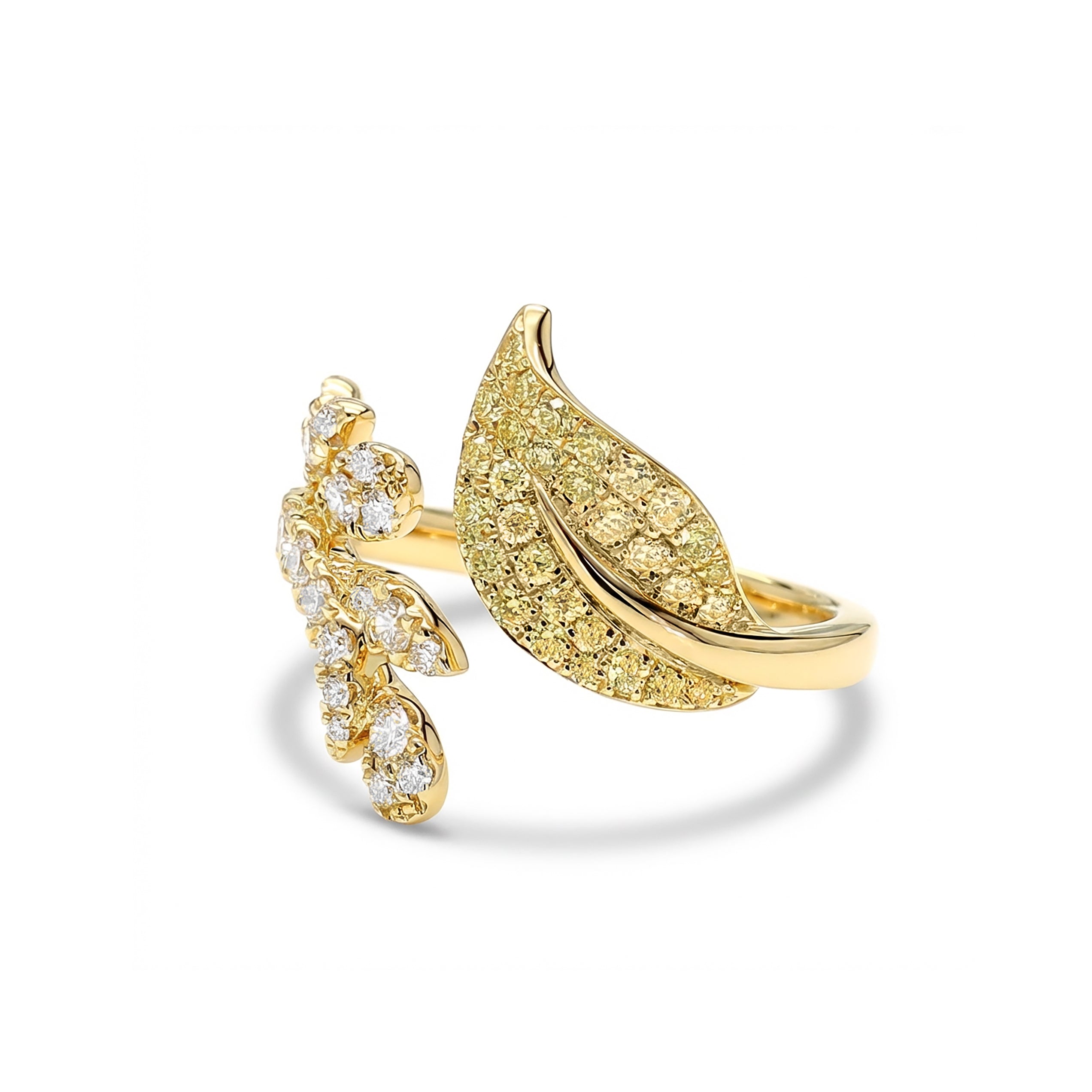 Natural Yellow Pavé Diamond Leaf Ring