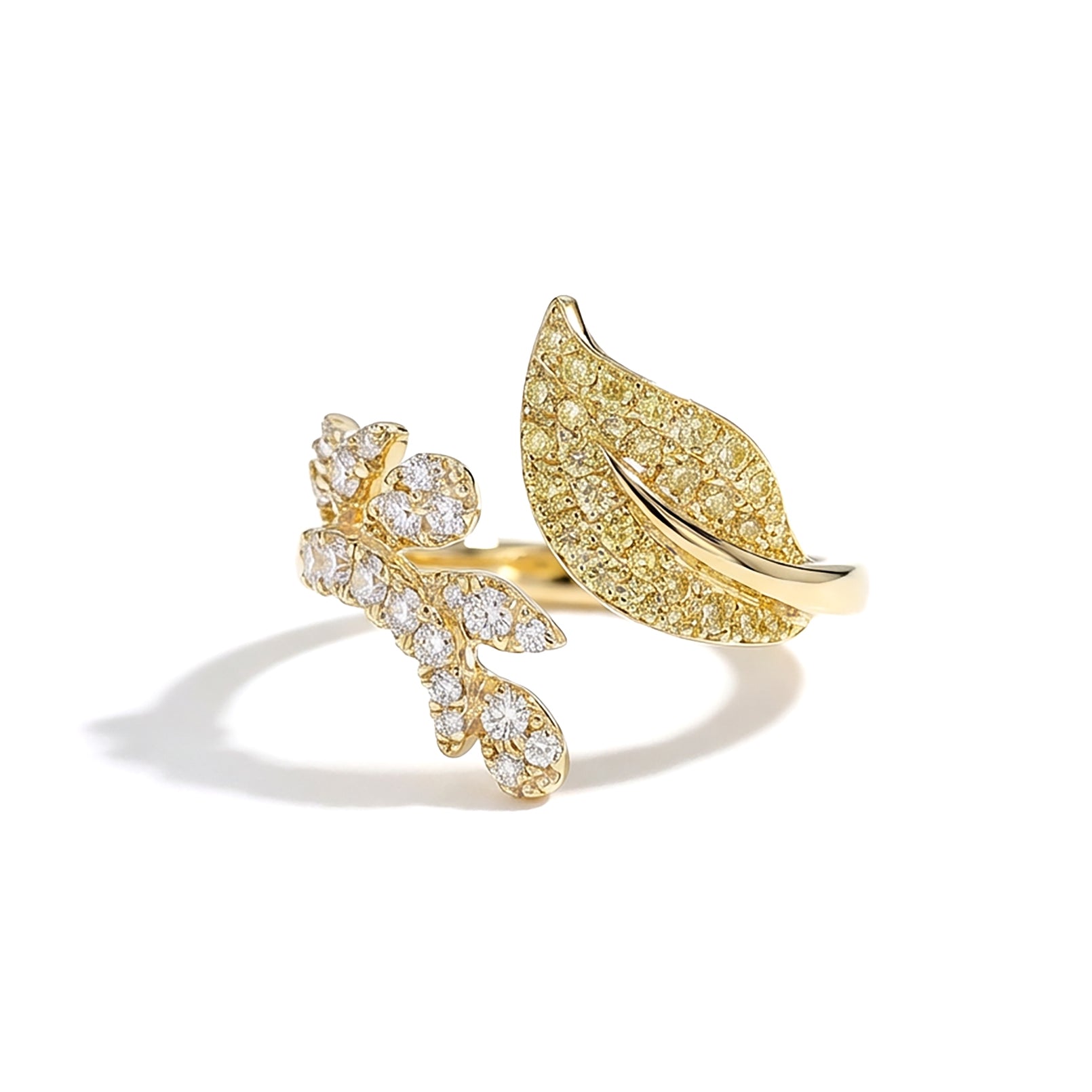 Natural Yellow Pavé Diamond Leaf Ring
