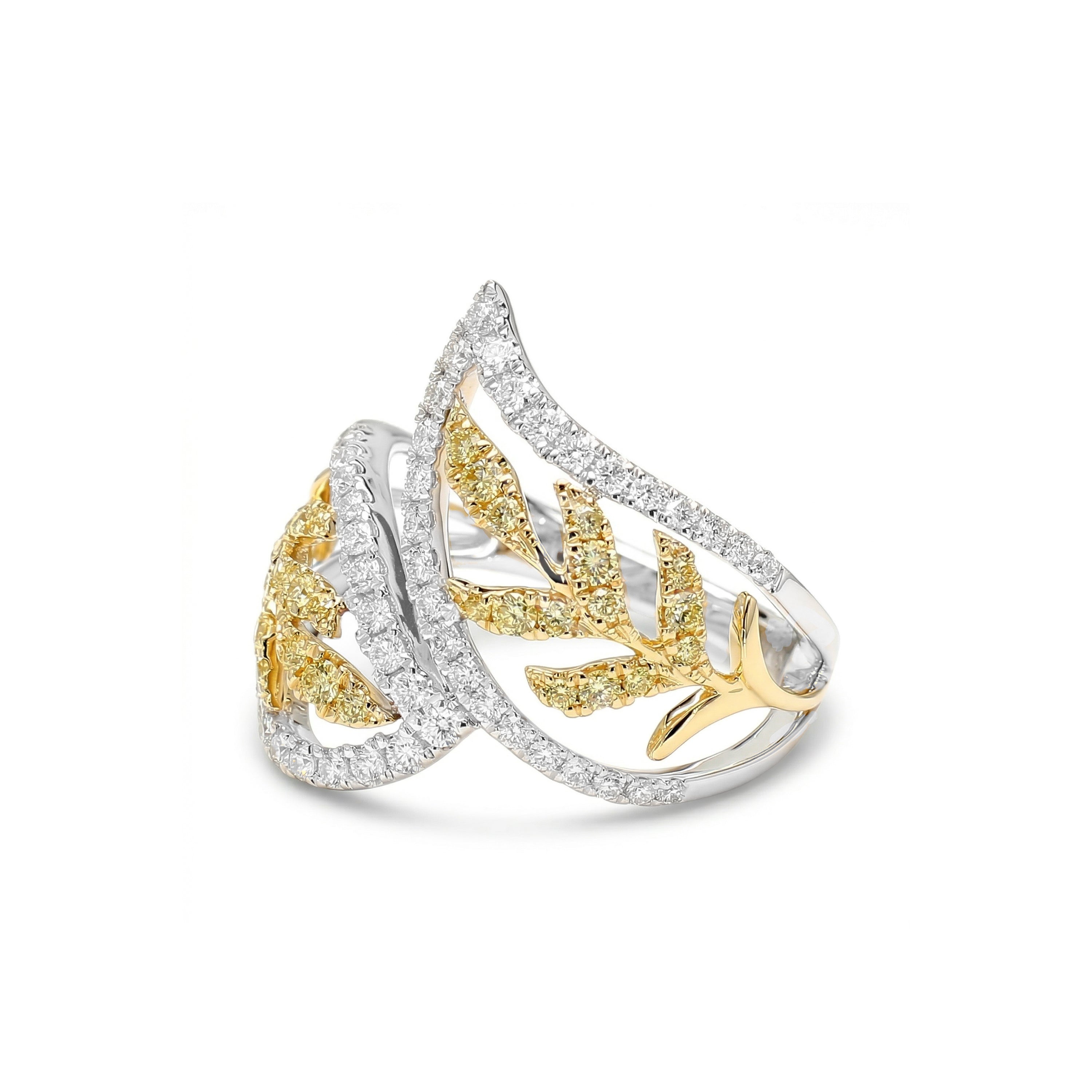 Natural Yellow & White Diamond Leaf Ring