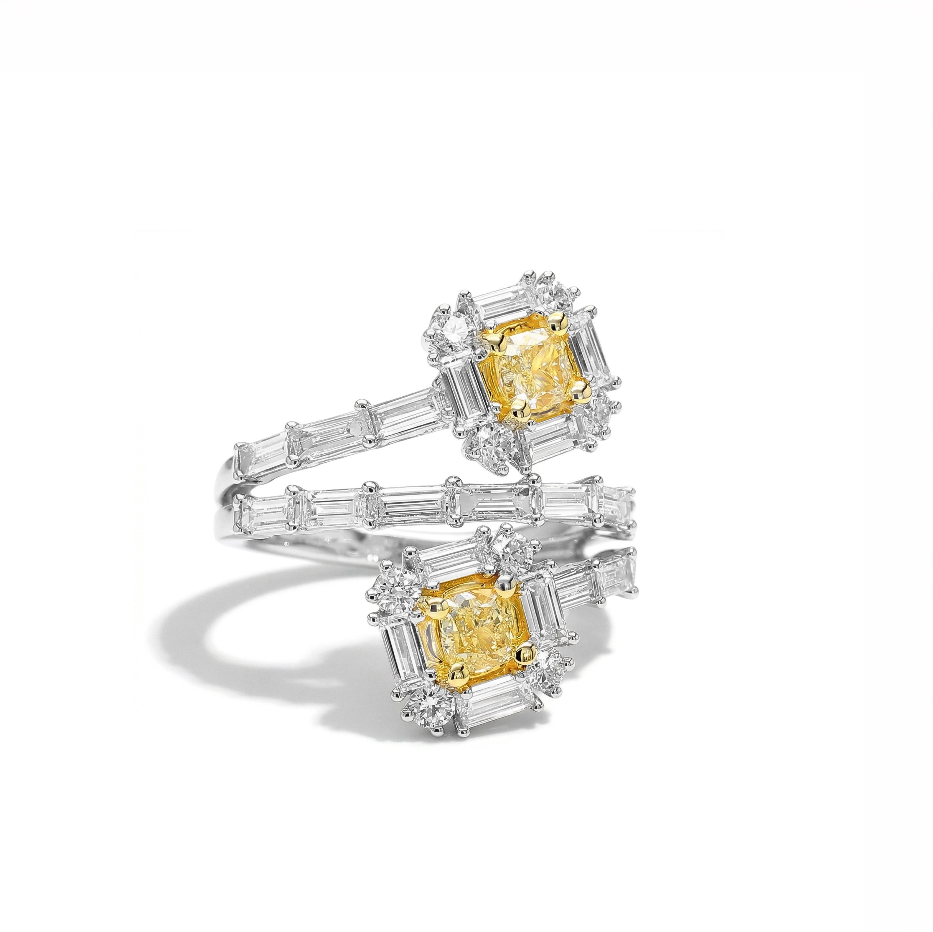 Natural Yellow Cushion Diamond Crossover Halo Ring