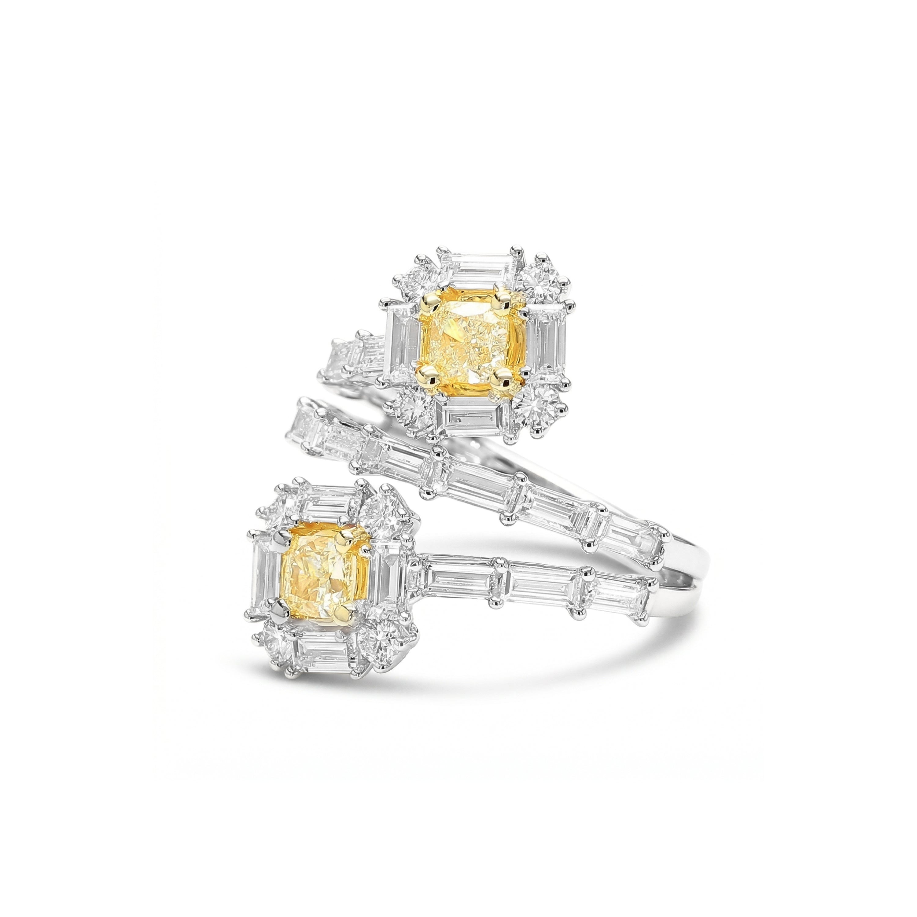 Natural Yellow Cushion Diamond Crossover Halo Ring