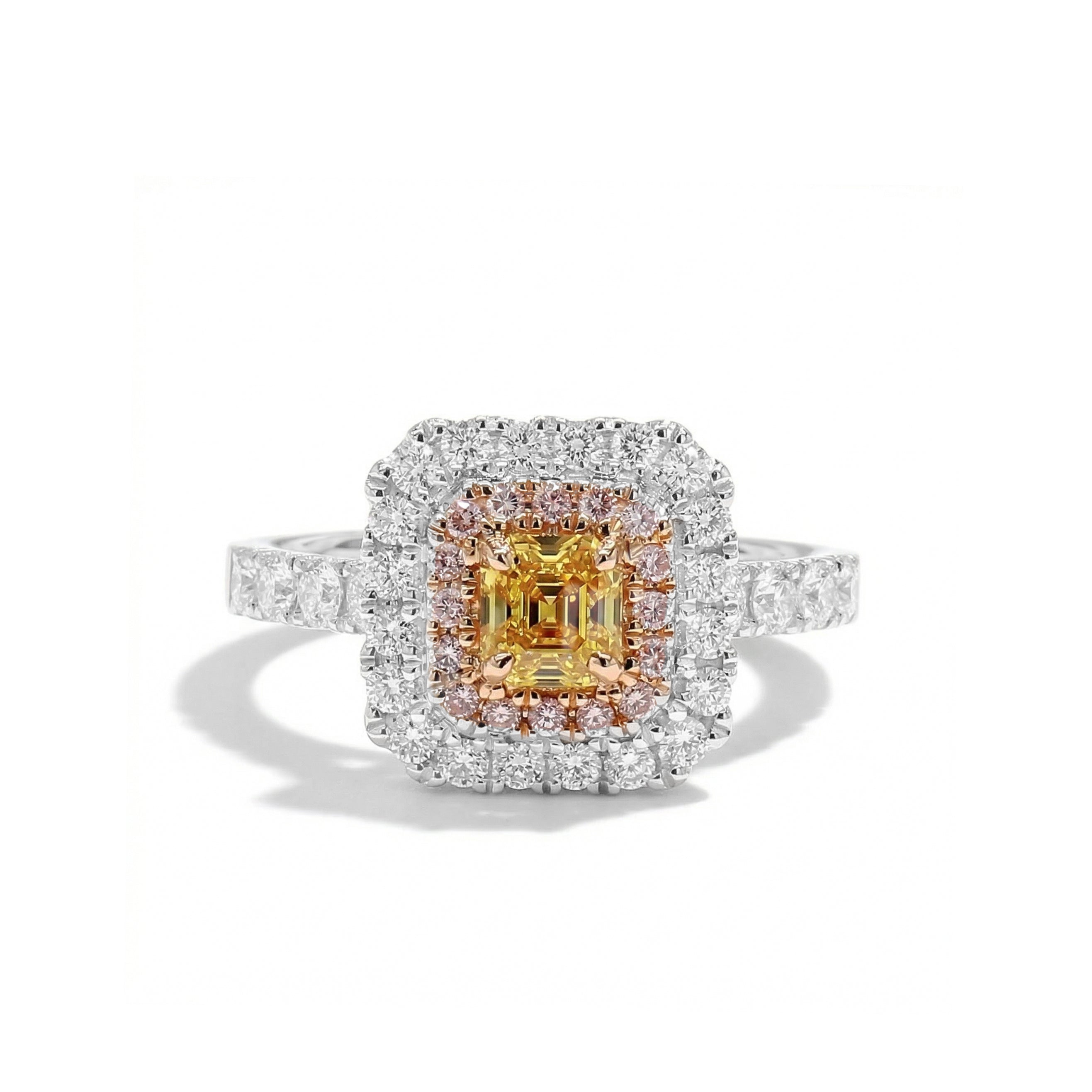 Natural Yellow Emerald Diamond Halo Ring | GIA Certified