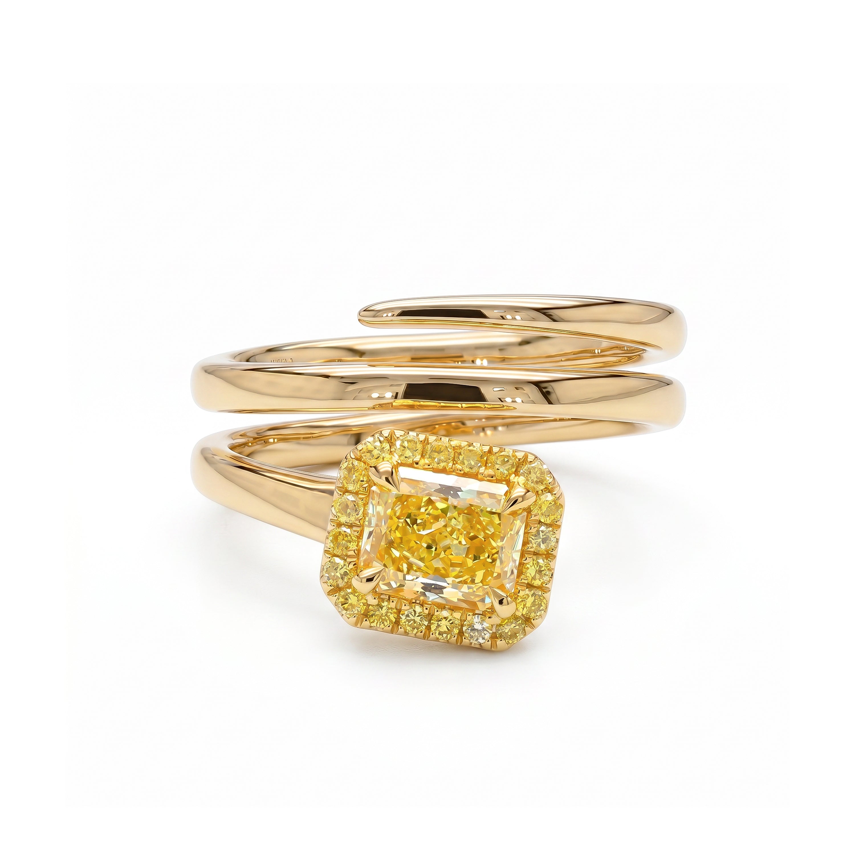 Natural Yellow Radiant Diamond Halo Spiral Ring | GIA Certified