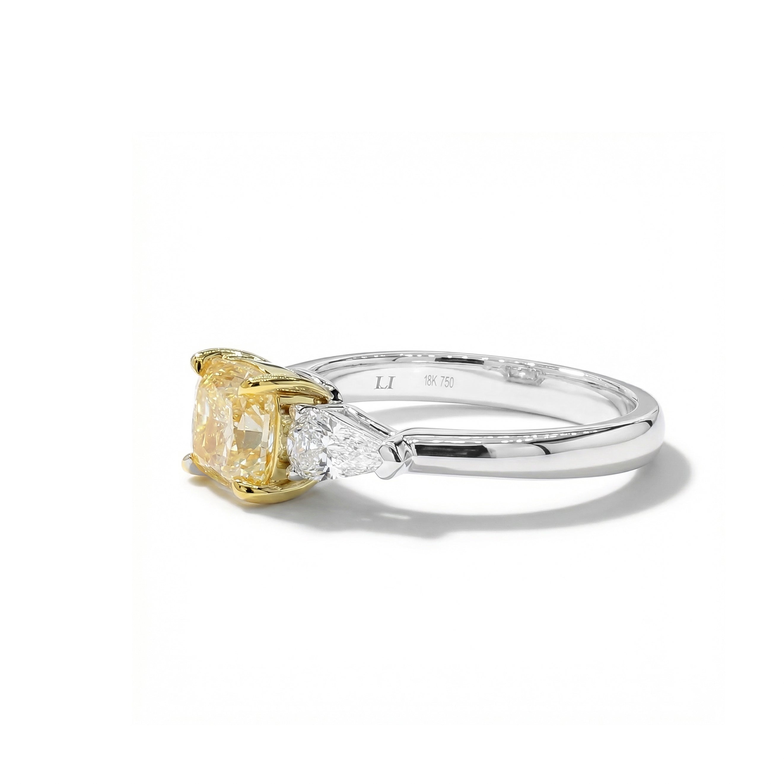 Natural Yellow Cushion Diamond Three Stone Ring | GIA Certified