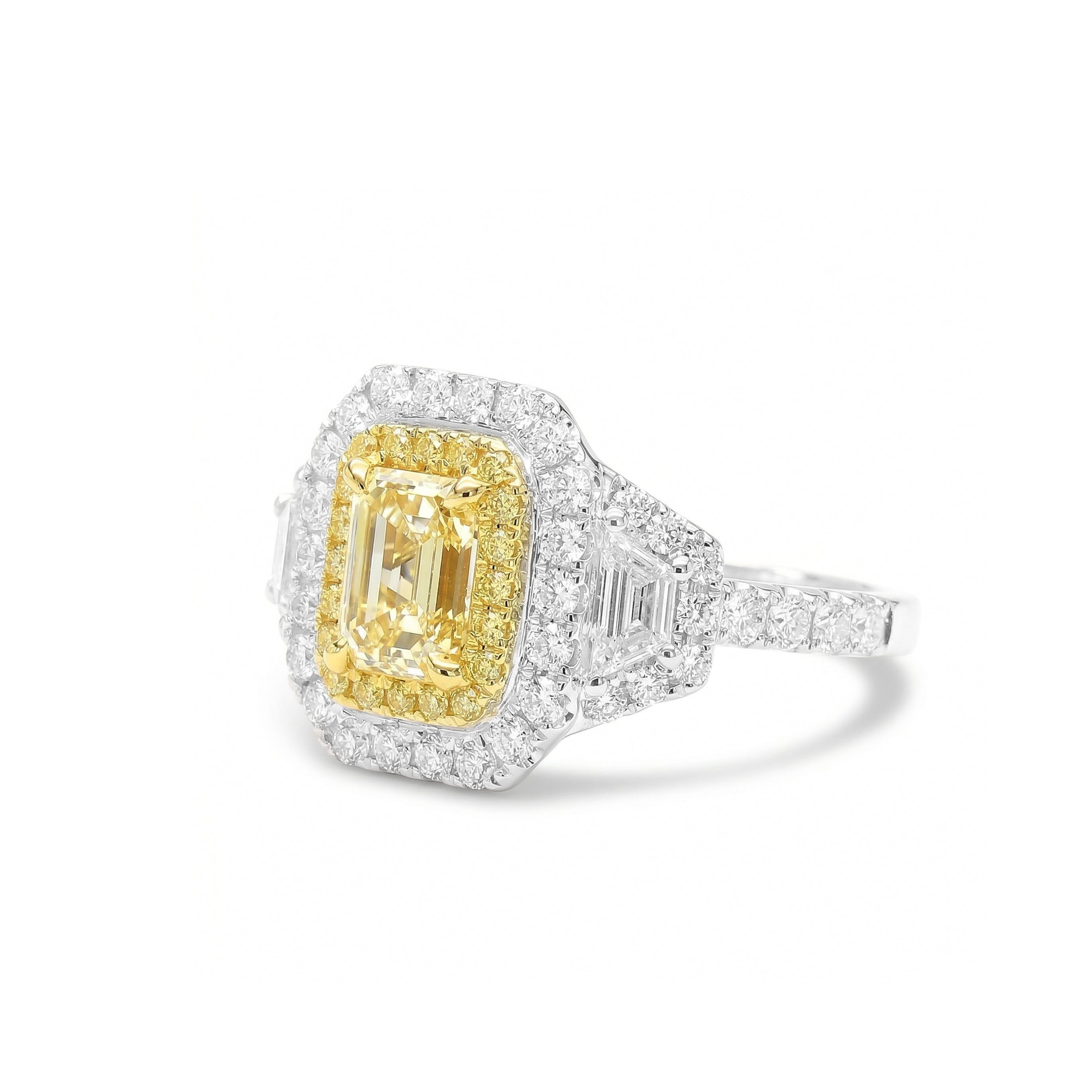 Natural Yellow Emerald Diamond Halo Ring | GIA Certified