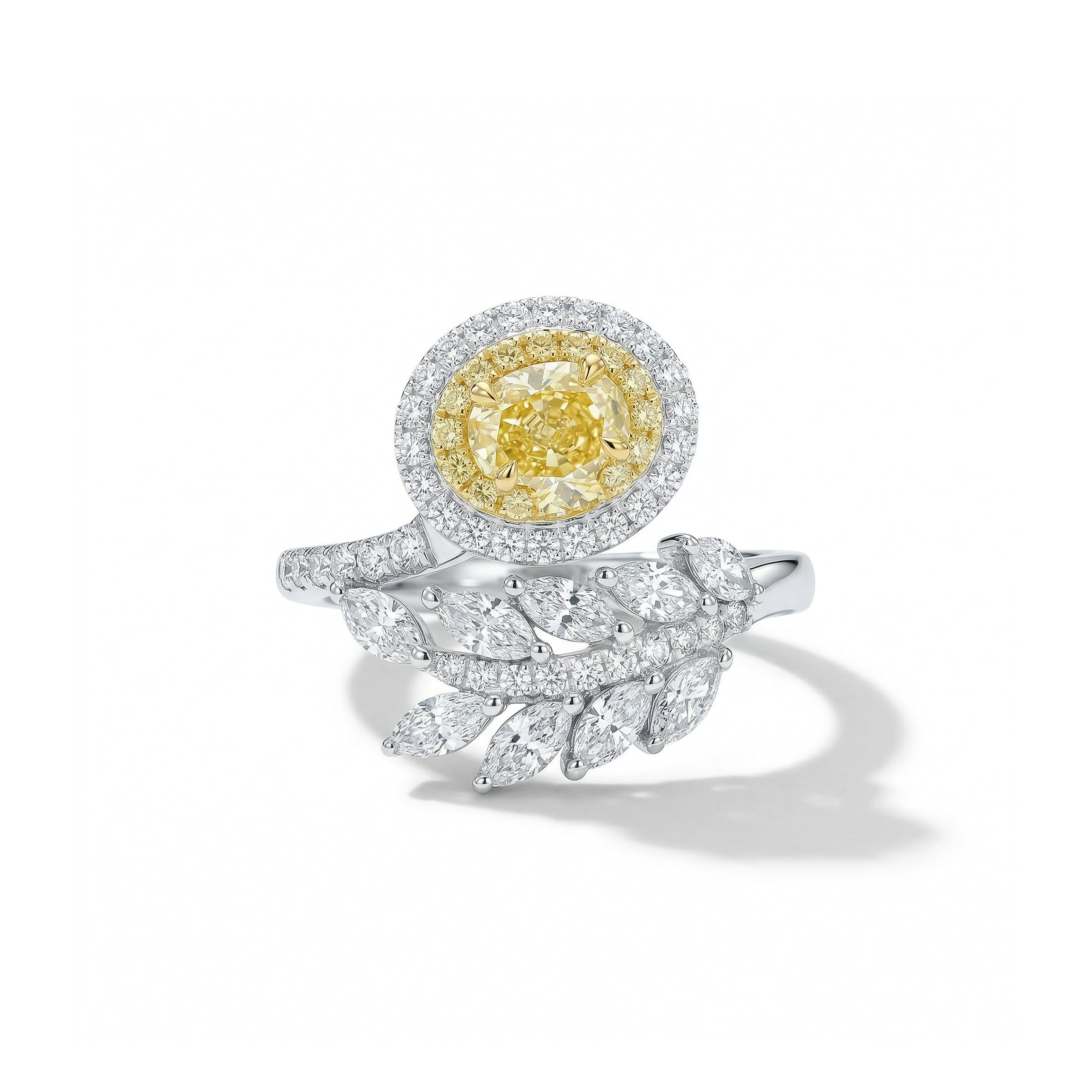 Natural Yellow Oval Diamond Halo Leaf Ring | GIA Certified