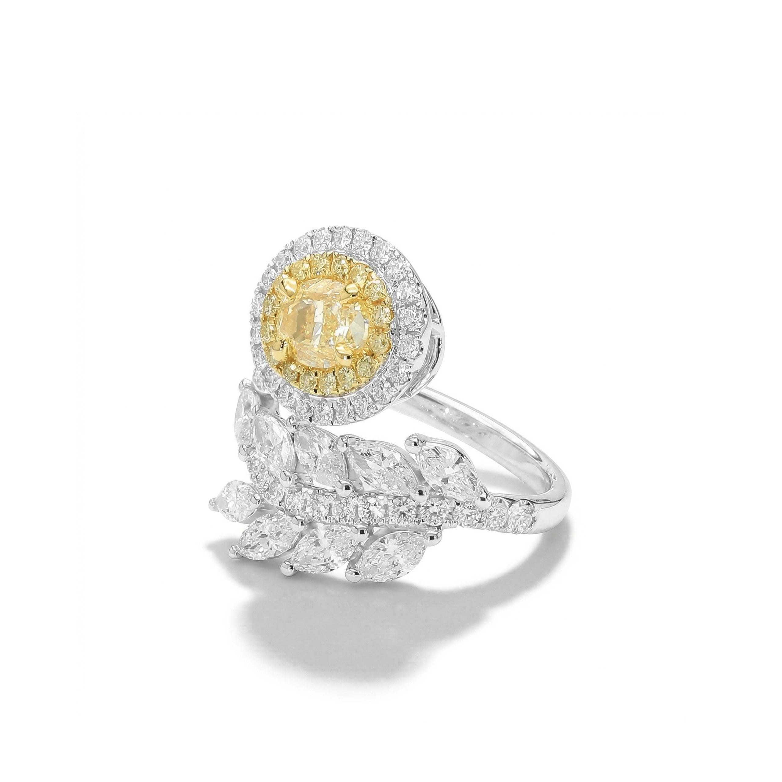 Natural Yellow Oval Diamond Halo Leaf Ring | GIA Certified