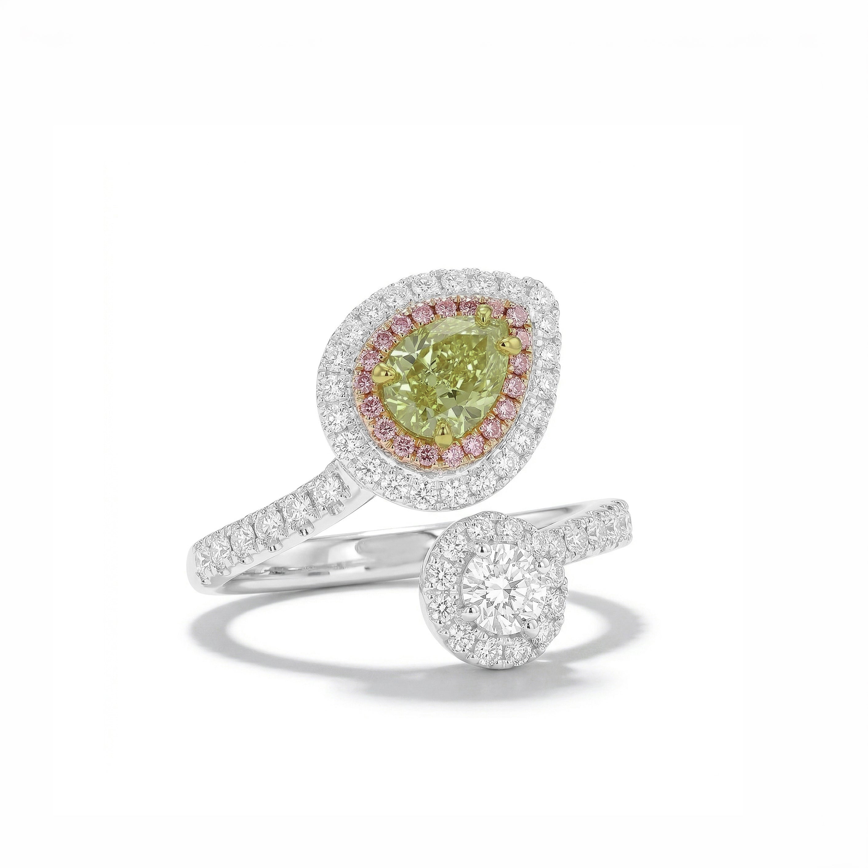 Natural Green Pear Diamond Crossover Halo Ring |GIA Certified