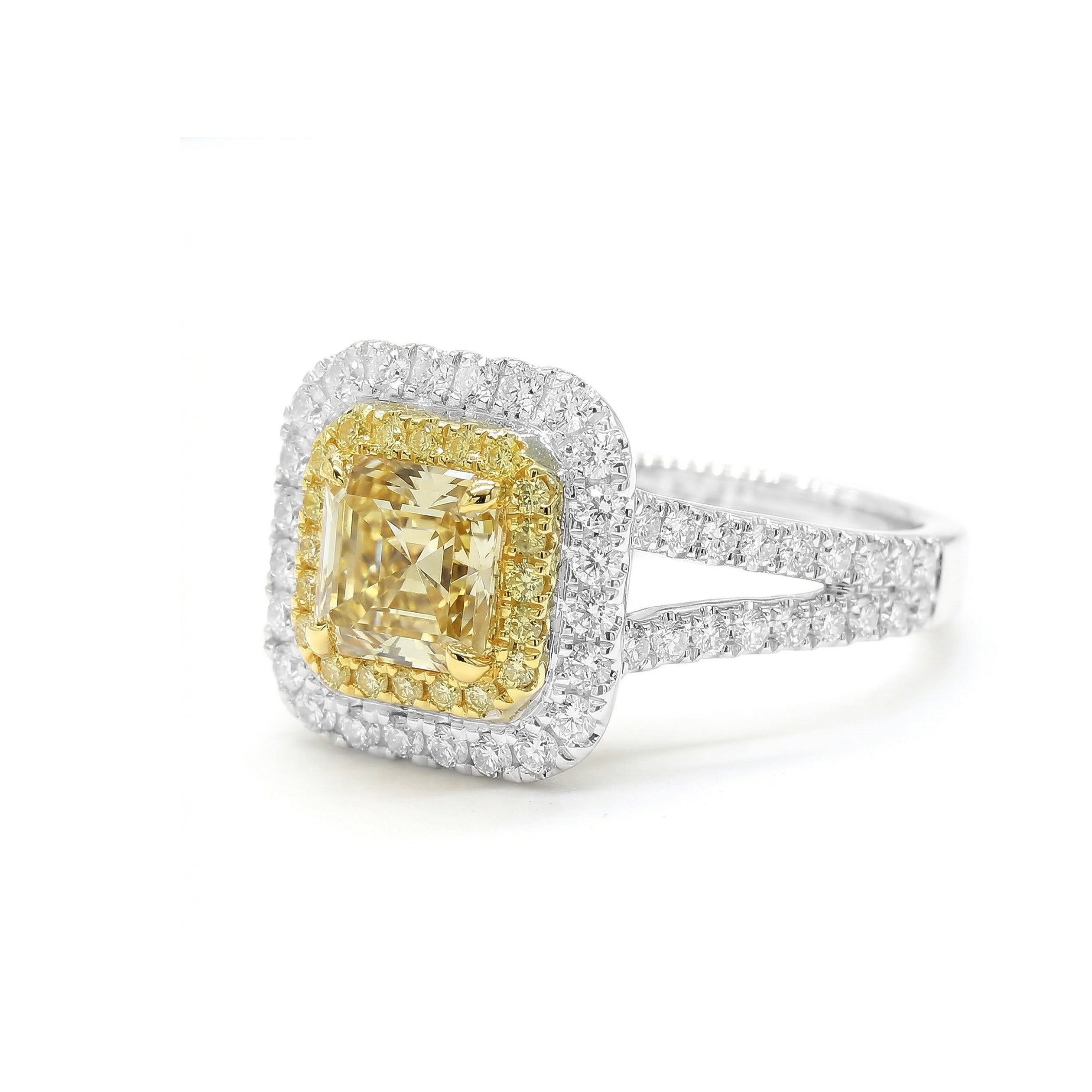 Natural Yellow Asscher Diamond Halo Ring | GIA Certified product image 2