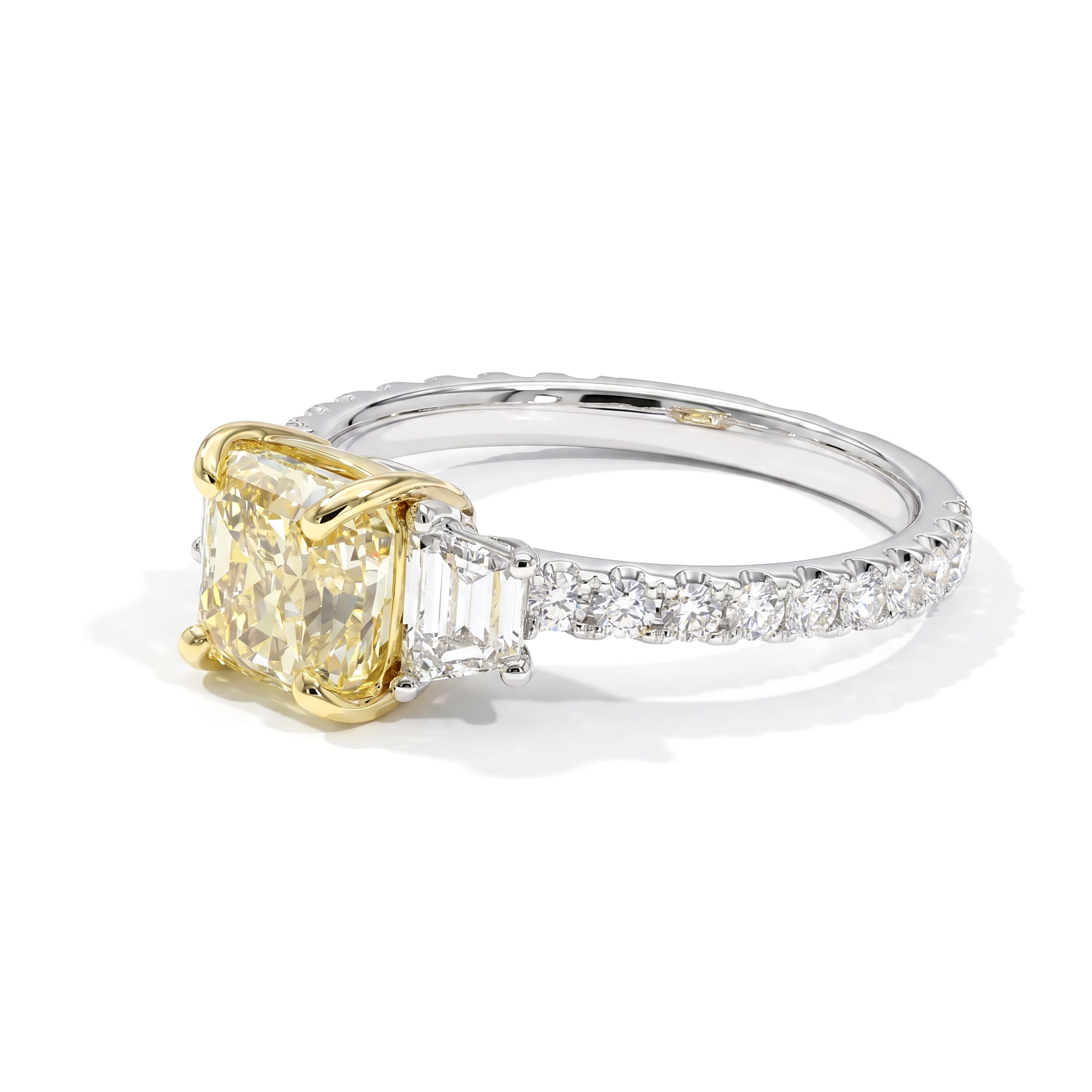 Natural Yellow Cushion Three Stone Diamond Ring | GIA CERTIFIED