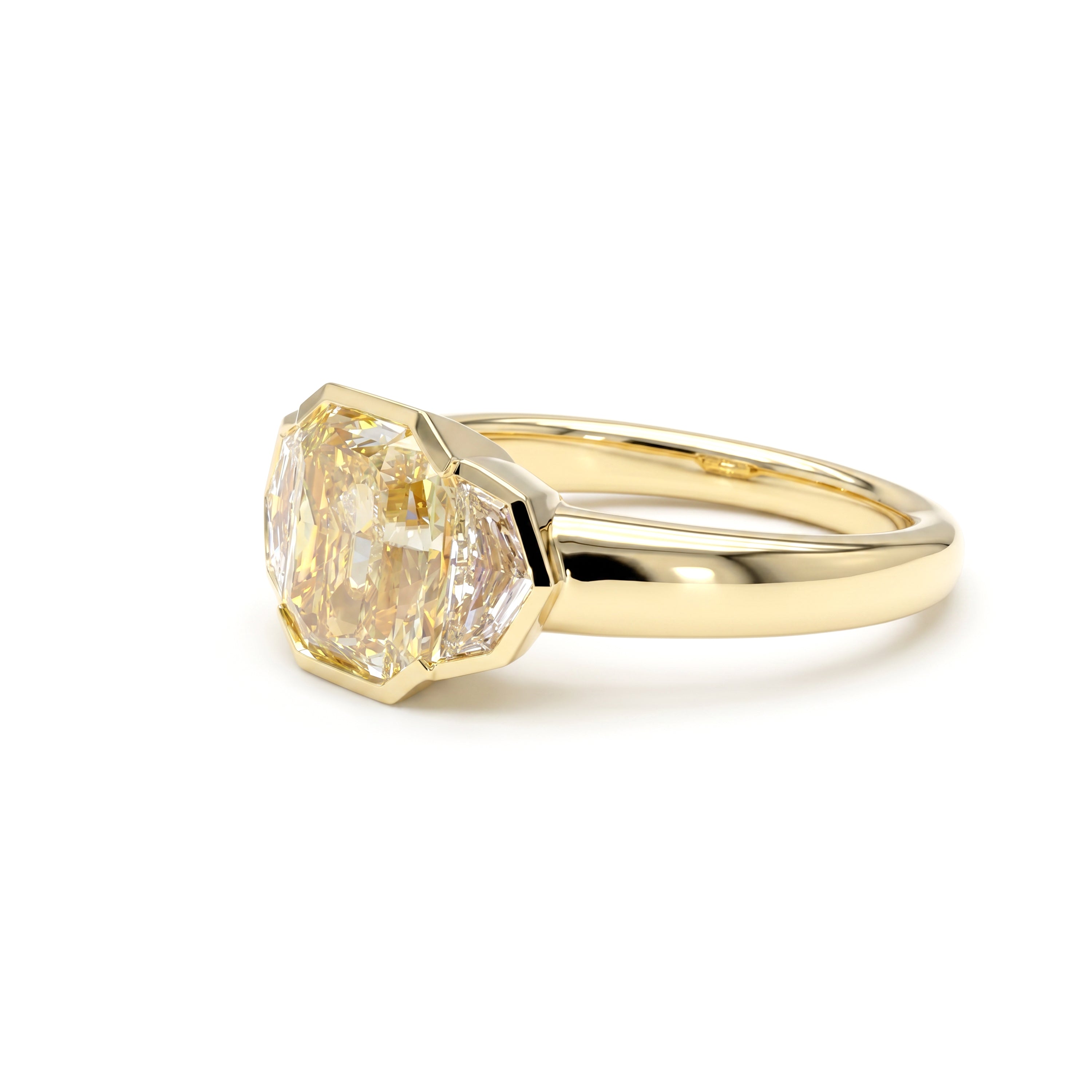 Natural Yellow Radiant Diamond Three Stone Bezel Ring | GIA Certified