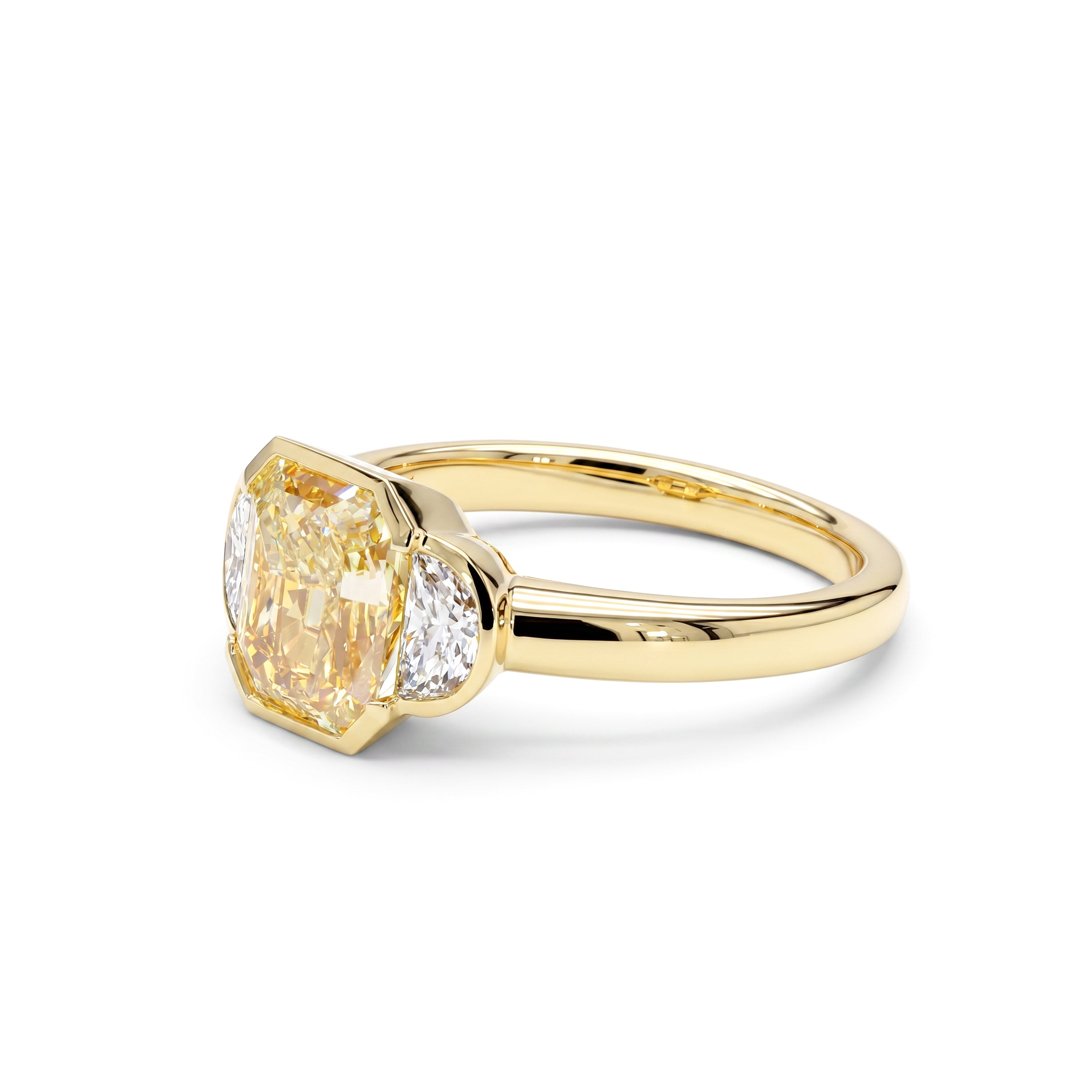 Natural Yellow Radiant Diamond Three Stone Bezel Ring | GIA Certified