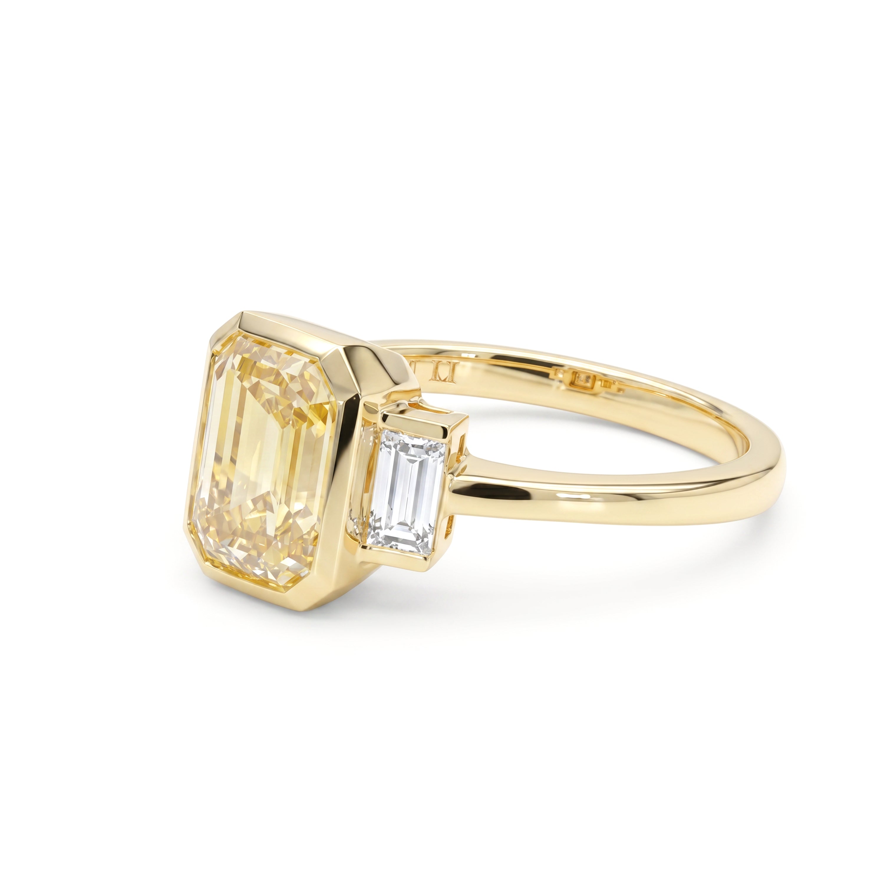Natural Yellow Emerald Cut Diamond Three Stone Bezel Ring | GIA Certified