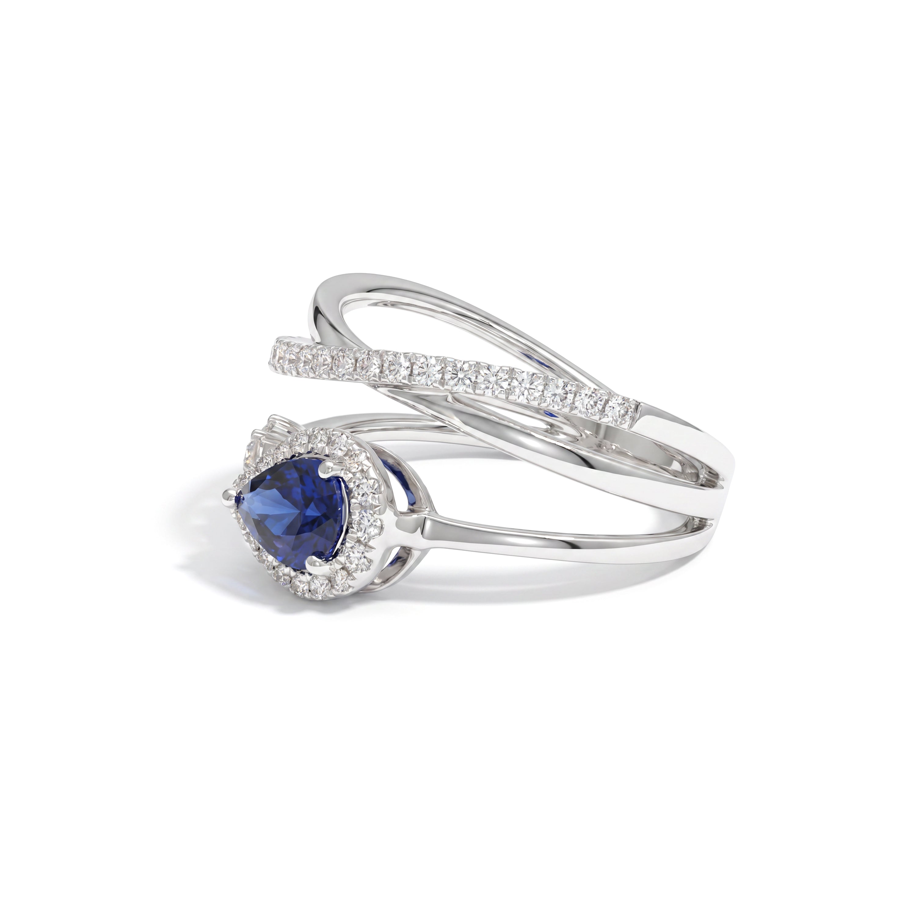 Natural Pear Sapphire & Diamond Crossover Halo Ring