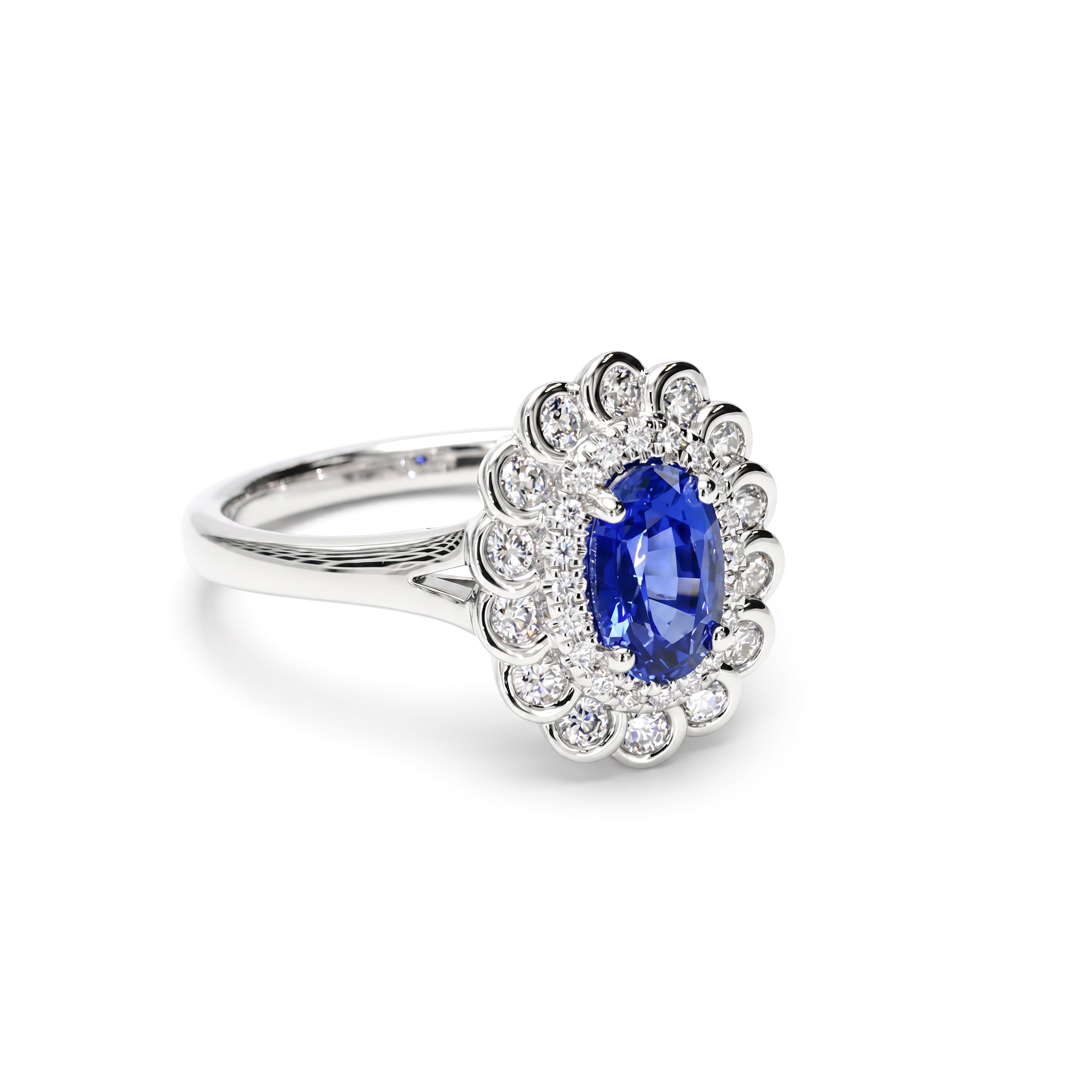 Natural Oval Sapphire & Diamond Bezel Halo Ring