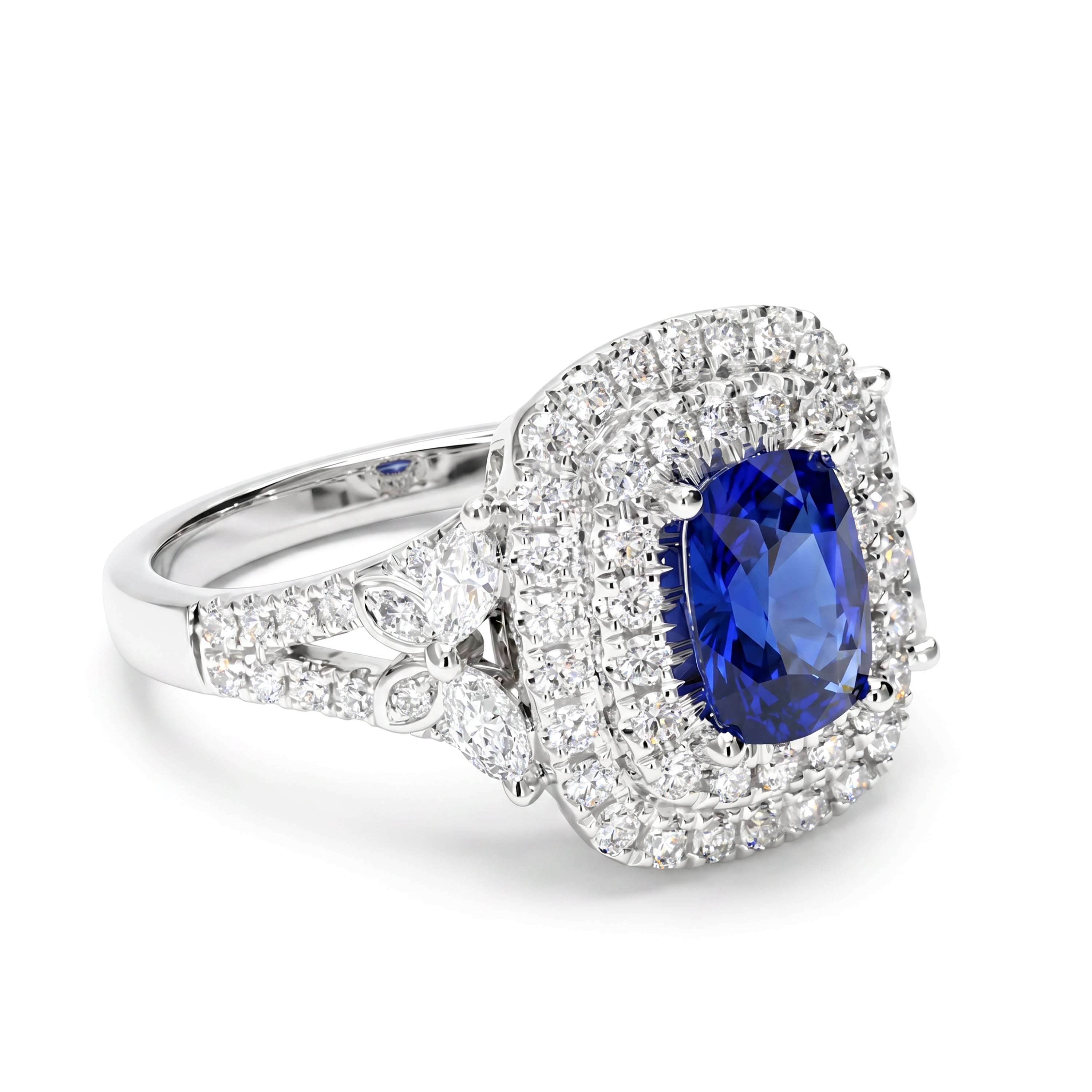 Natural Cushion Sapphire & Diamond Halo Ring
