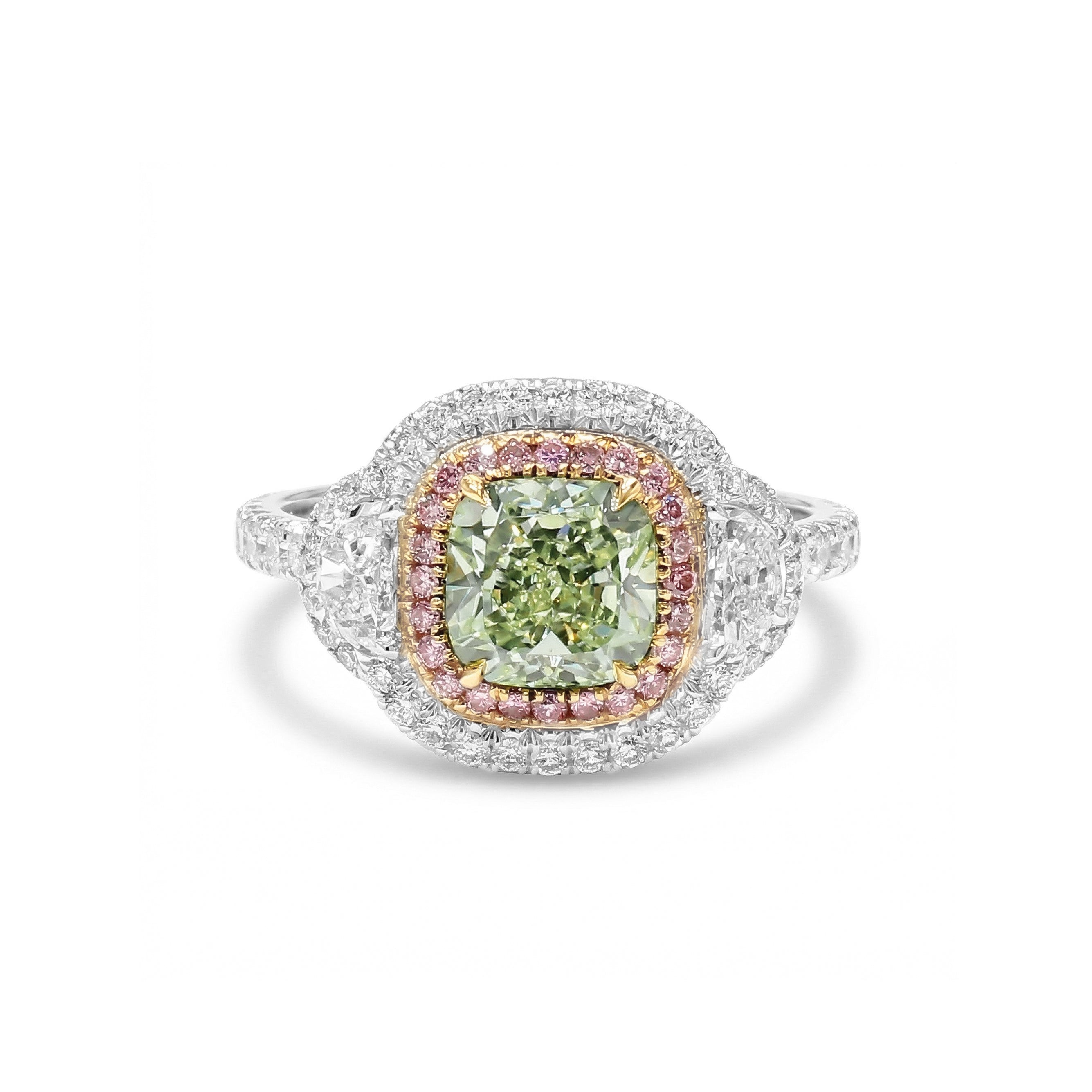 Natural Green Cushion Diamond Halo Ring | GIA Certified product image 1