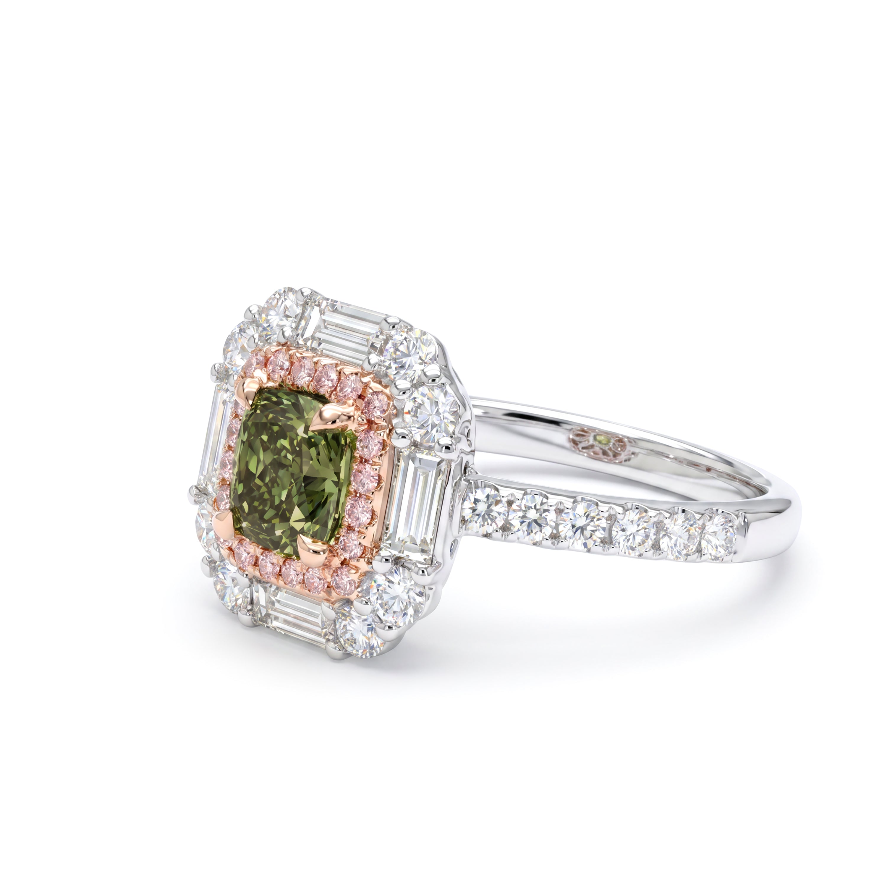 Natural Green Cushion Diamond Halo Ring | GIA Certified
