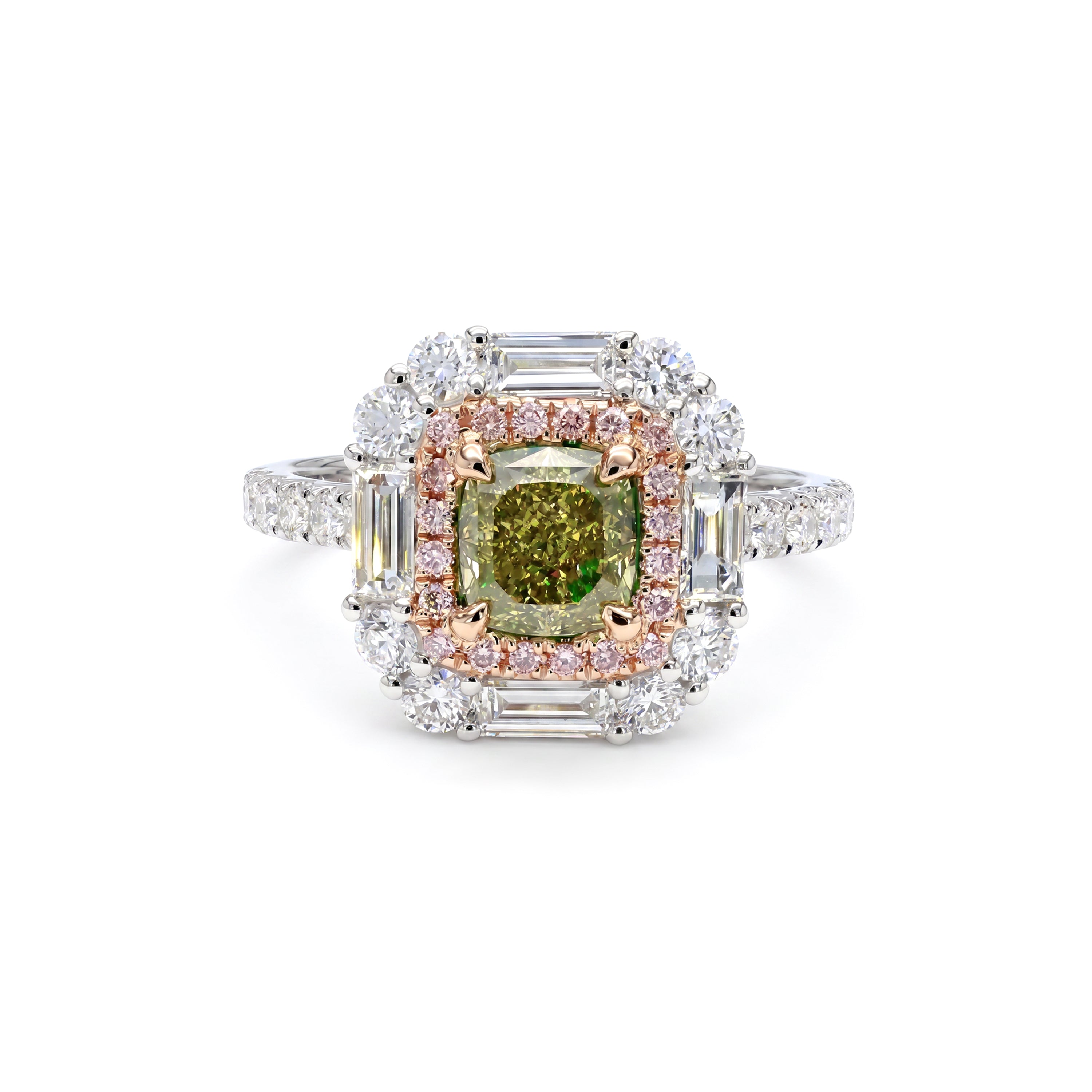Natural Green Cushion Diamond Halo Ring | GIA Certified