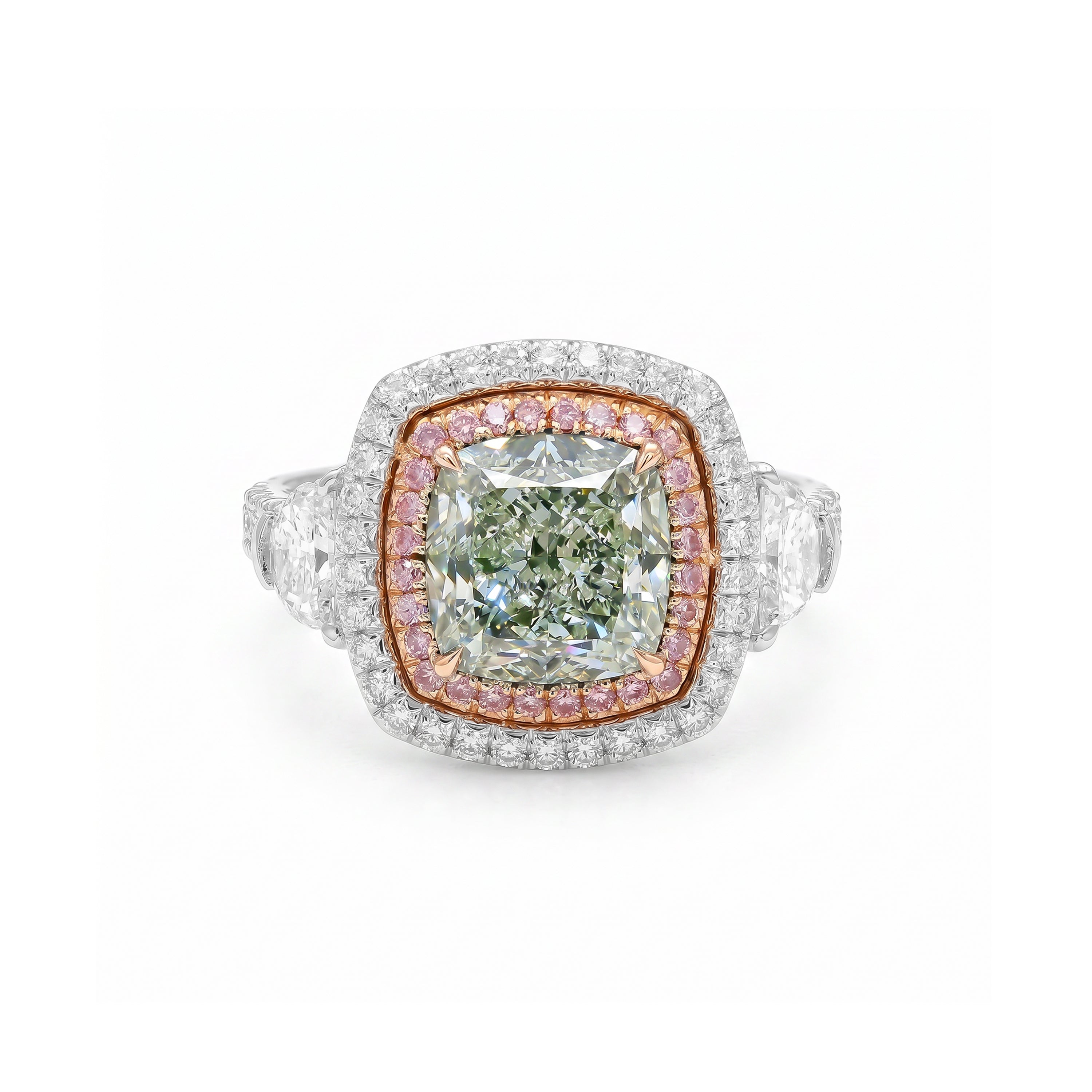 Natural Green Cushion Diamond Ring with Pink Halo | GIA Certified